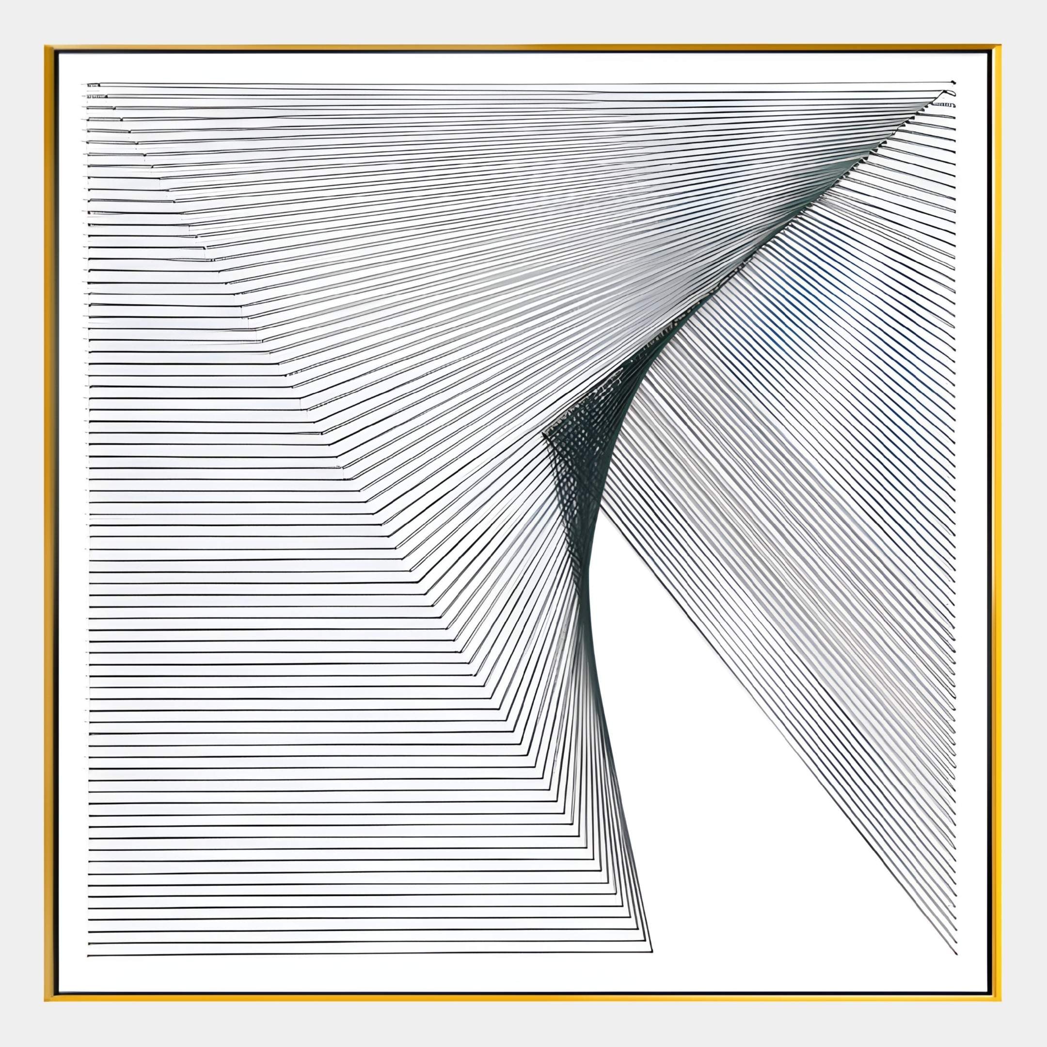 The LineaFlux Deep Teal Thread Warp Geometric 3D Wall Art by Giant Sculptures features dynamic, angled black lines with a central twist, framed in gold and black—an eye-catching modern decor piece on a white background.