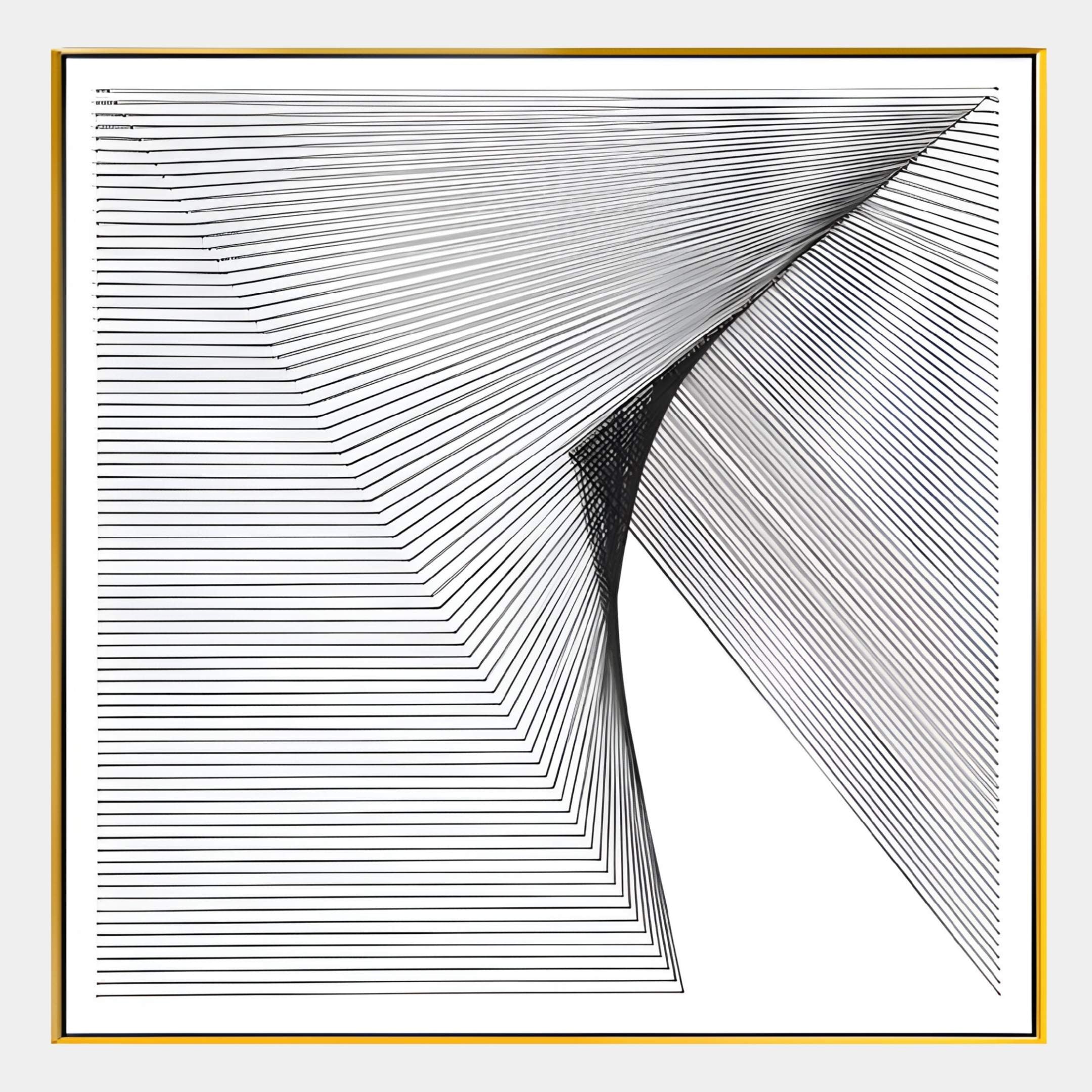 The LineaFlux Black Thread Warp Geometric 3D Wall Art by Giant Sculptures features black curves over a white background, bordered by a thin gold and black frame for an elegant, modern look.