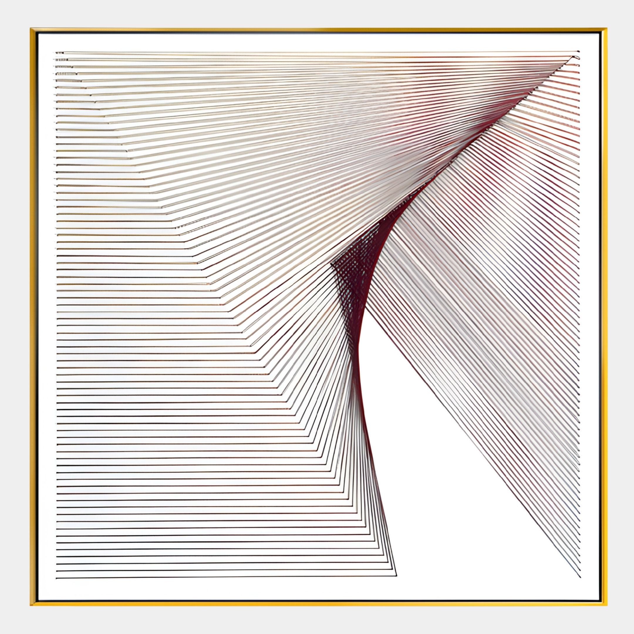 The LineaFlux Maroon Thread Warp Geometric 3D Wall Art by Giant Sculptures features sleek, intersecting lines on a white backdrop with a gold-bordered frame—a striking contemporary decor piece creating depth and visual movement.