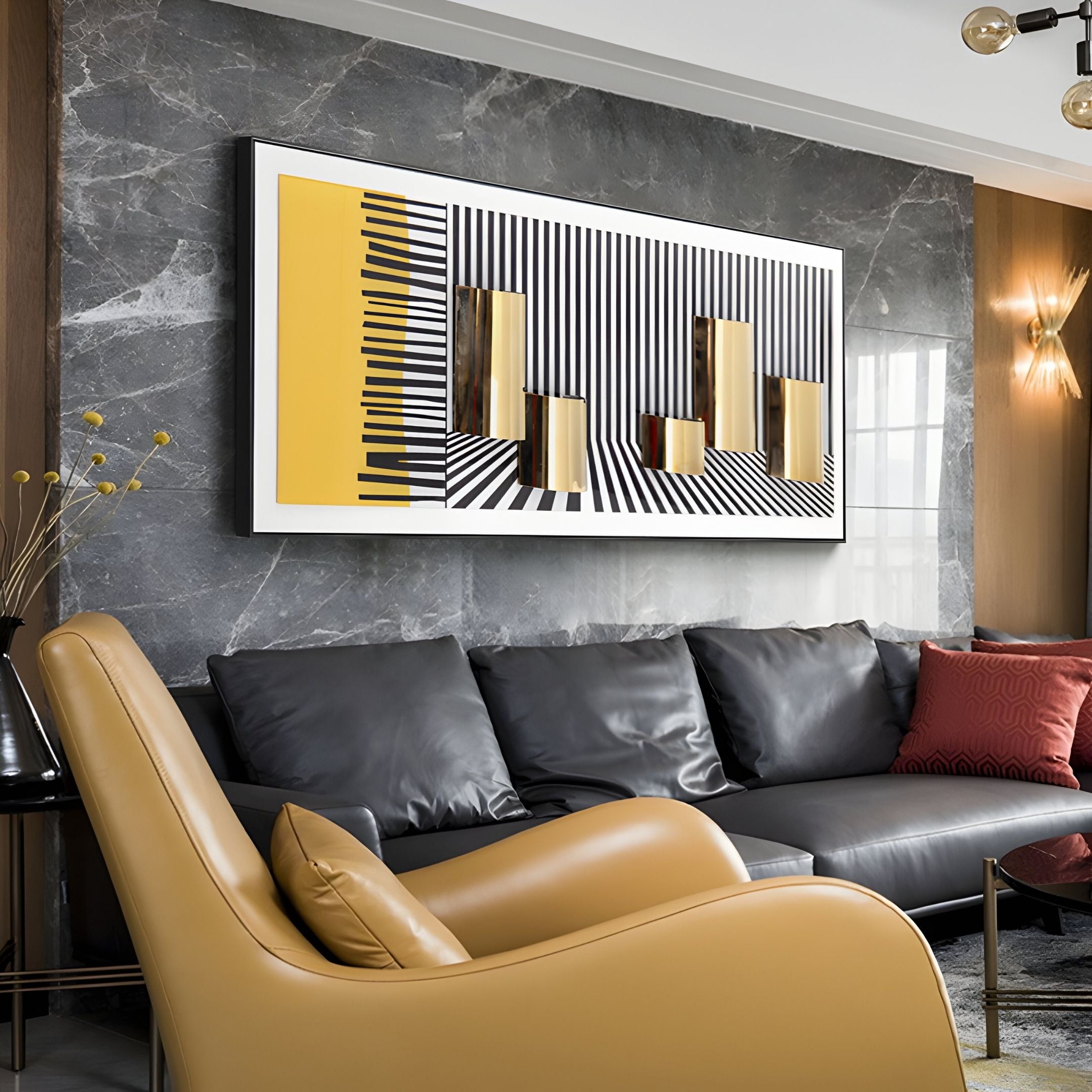 A modern living room with a gray sectional, yellow lounge chair, and Vortessa Metallic Column Striped Illusion 3D Wall Art by Giant Sculptures featuring black stripes, gold rectangles, and a yellow border on a marble accent wall.