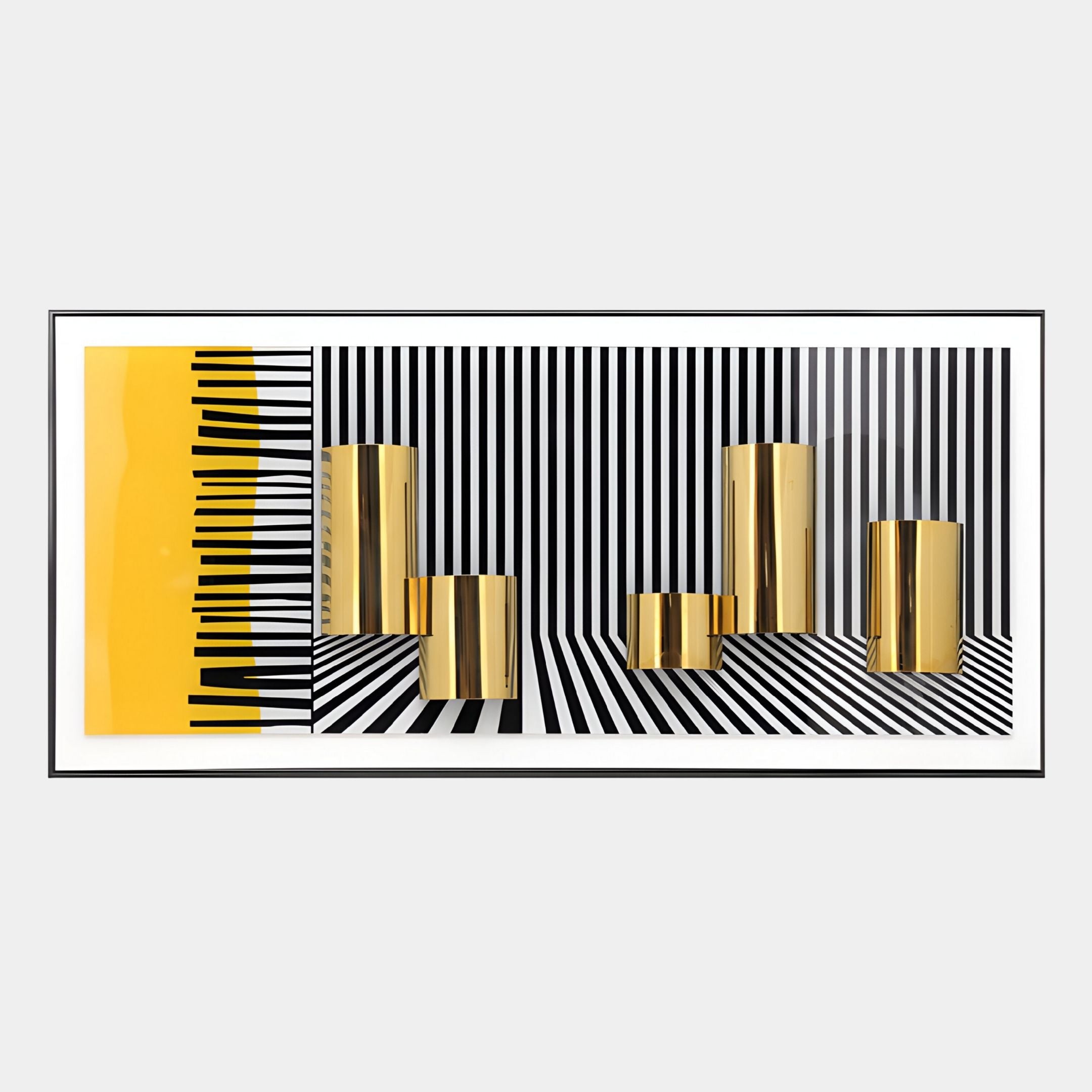 The Vortessa Metallic Column Striped Illusion 3D Wall Art by Giant Sculptures features bold vertical black and white stripes, gold metallic columns, and a yellow section with black lines for a striking sculptural illusion.