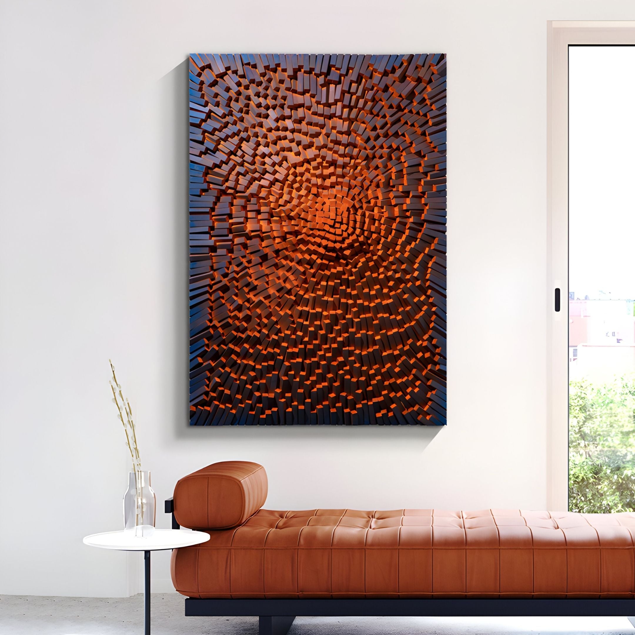 A modern room with a brown leather chaise lounge and a round white side table features the Heliox Ember Radiance Sculptural 3D Wall Art by Giant Sculptures, its orange cube-like vortex design adding depth to the naturally lit contemporary space.