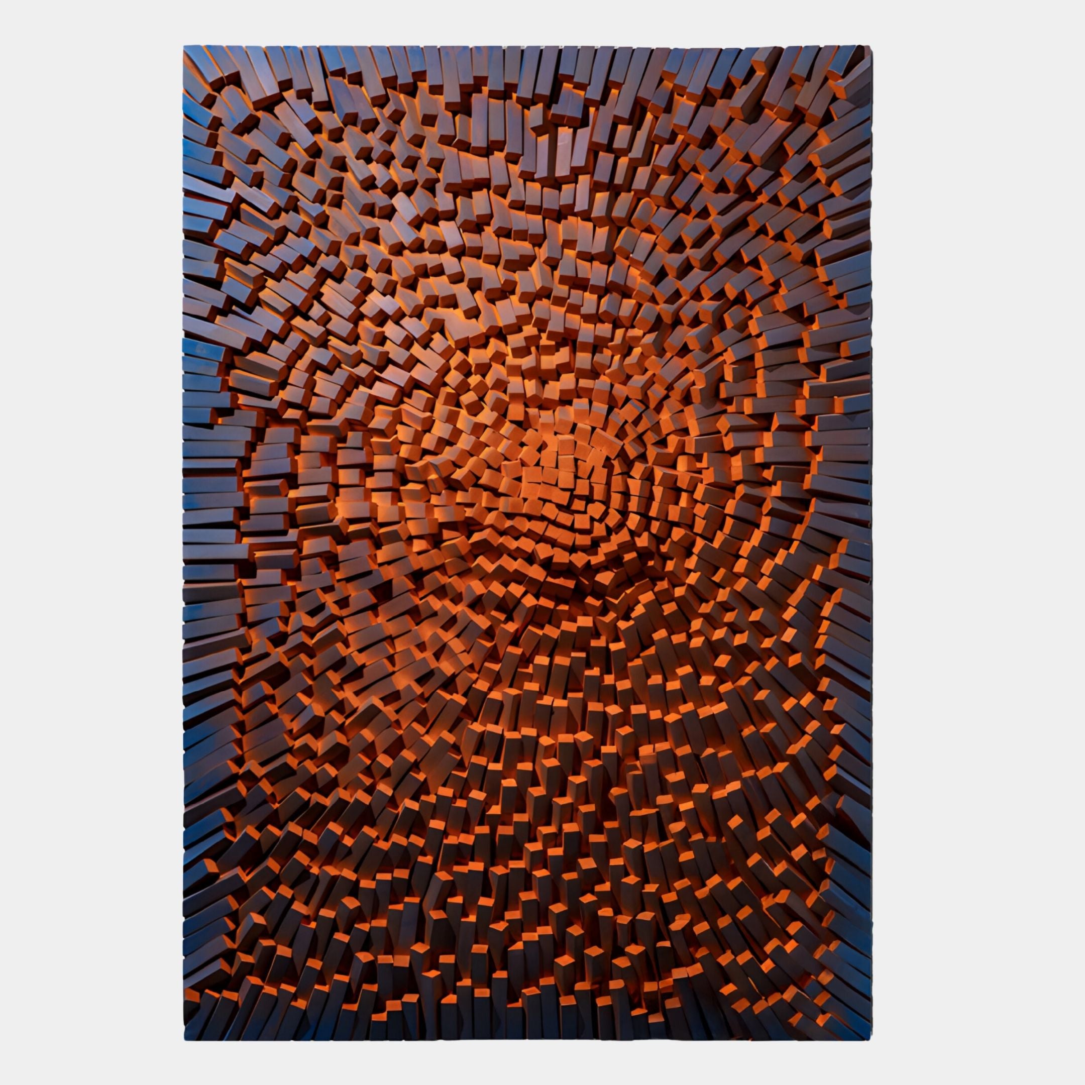 The Heliox Ember Radiance Sculptural 3D Wall Art by Giant Sculptures features raised orange rectangular blocks in a swirling vortex on a dark base—an ideal centerpiece for contemporary interiors.