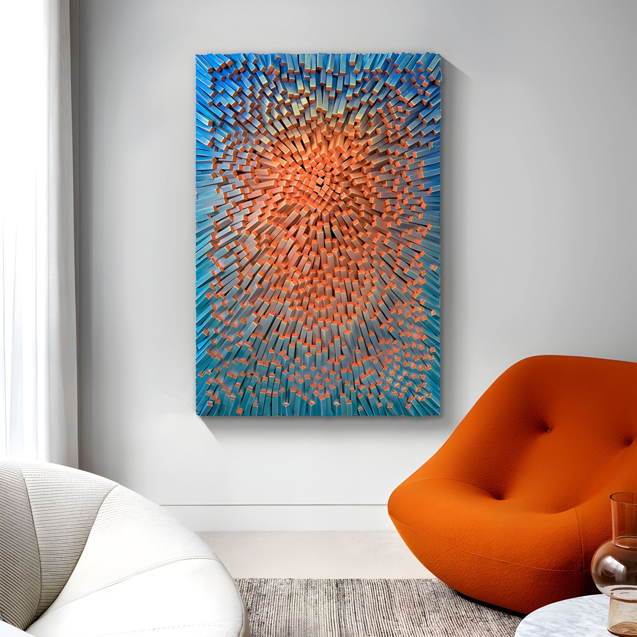 A modern living room features the Heliox Azure Radiance Sculptural 3D Wall Art by Giant Sculptures, showcasing bold blue and orange blocks above an orange chair and white curved sofa, sunlight filtering through sheer curtains.