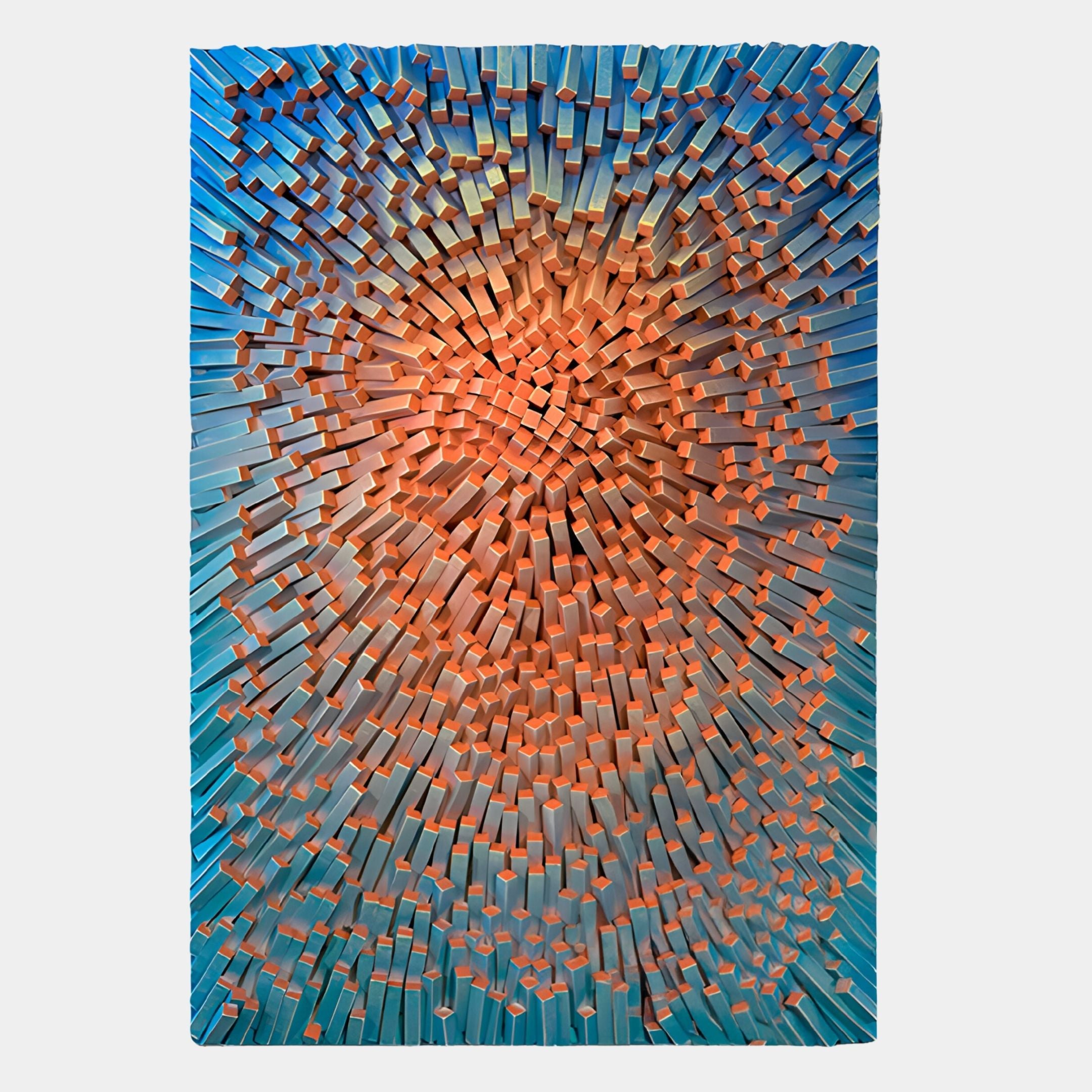 The Heliox Azure Radiance Sculptural 3D Wall Art by Giant Sculptures features orange rectangular blocks radiating from the center on a blue background, adding depth and motion to your space.