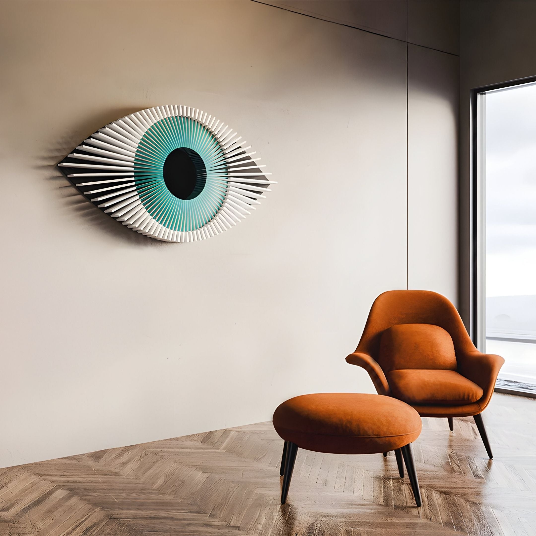 A modern orange armchair with ottoman sits on wood flooring in a minimalist room. The wall features the Aurevion Teal Radiant Eye 3D Wall Art by Giant Sculptures, showcasing white spokes and a blue center. Natural light fills the space.