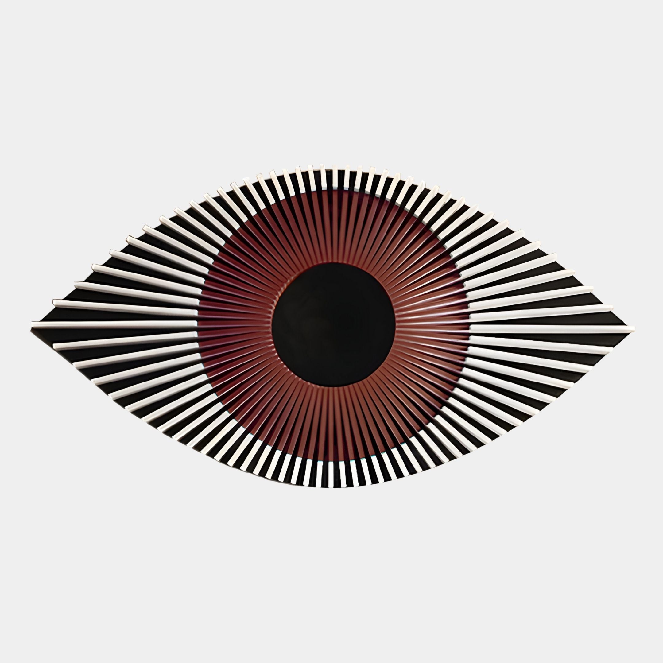 The Aurevion Maroon Radiant Eye 3D Wall Art by Giant Sculptures features a stylized maroon eye with a black center, radiating brown and white lines, and a light gray background—ideal for contemporary decor.