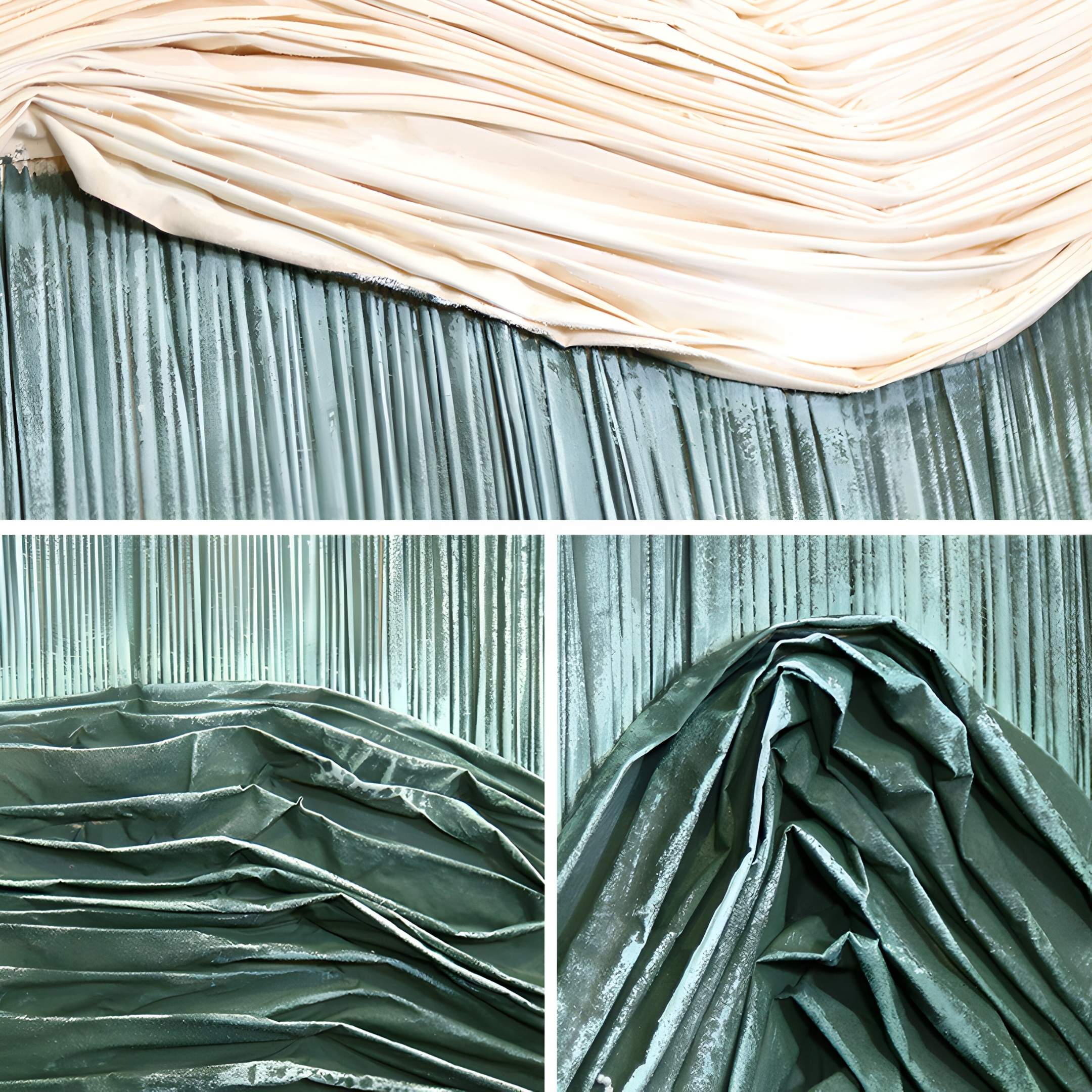 Three close-up photos of Terralune Green Layered Ridge 3D Wall Art by Giant Sculptures: cream fabric layered on pale green, plus two views of green textures—ideal inspiration for textured landscape wall decor.