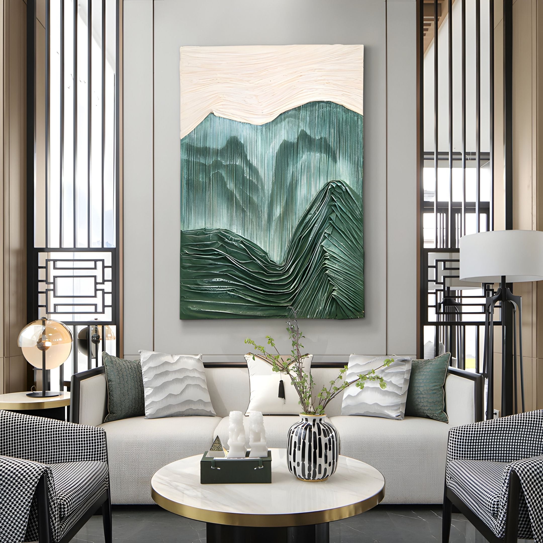 Modern living room with neutral furniture, round coffee table, and the Terralune Green Layered Ridge 3D Wall Art by Giant Sculptures displayed above the sofa. Decorative pillows and vases complete this stylish contemporary space.