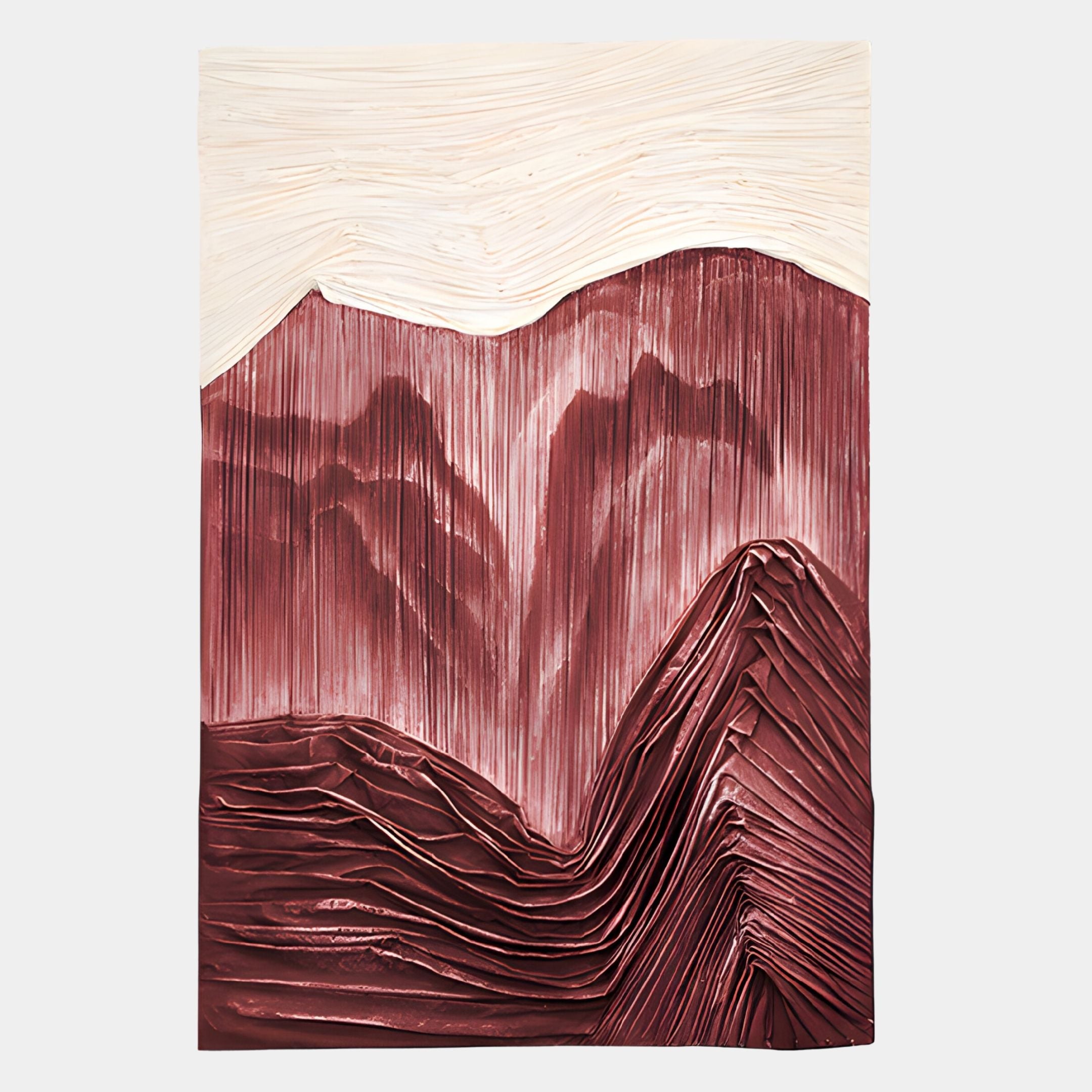 The Terralune Red Layered Ridge 3D Wall Art by Giant Sculptures features pleated, textured layers in cream and maroon, forming abstract mountain peaks for a striking visual effect against a plain backdrop.