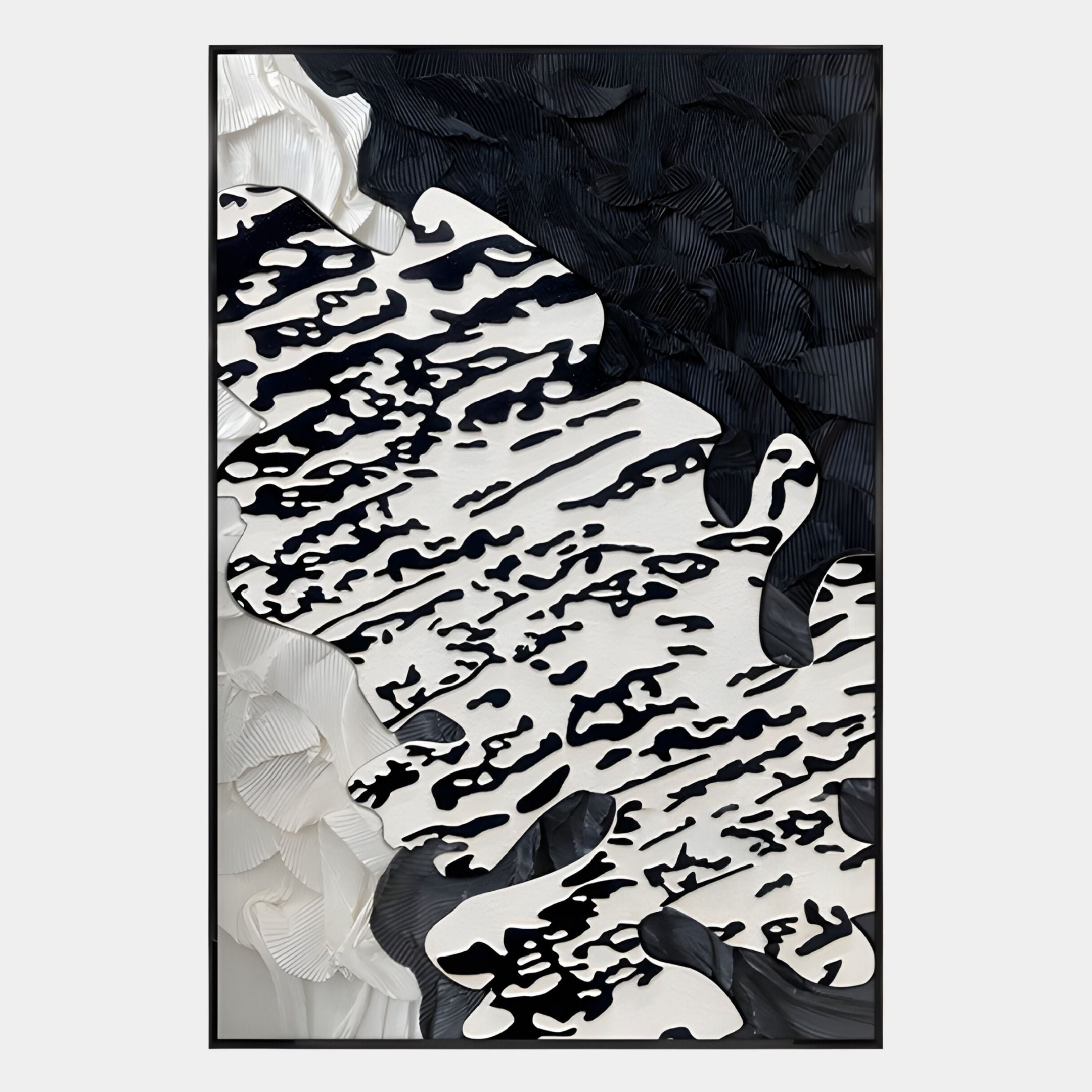 The Nivoria II Black & White Textured Abstract 3D Wall Art by Giant Sculptures features bold, organic forms and layered textures in black, white, and gray—ideal for adding modern depth to your space.