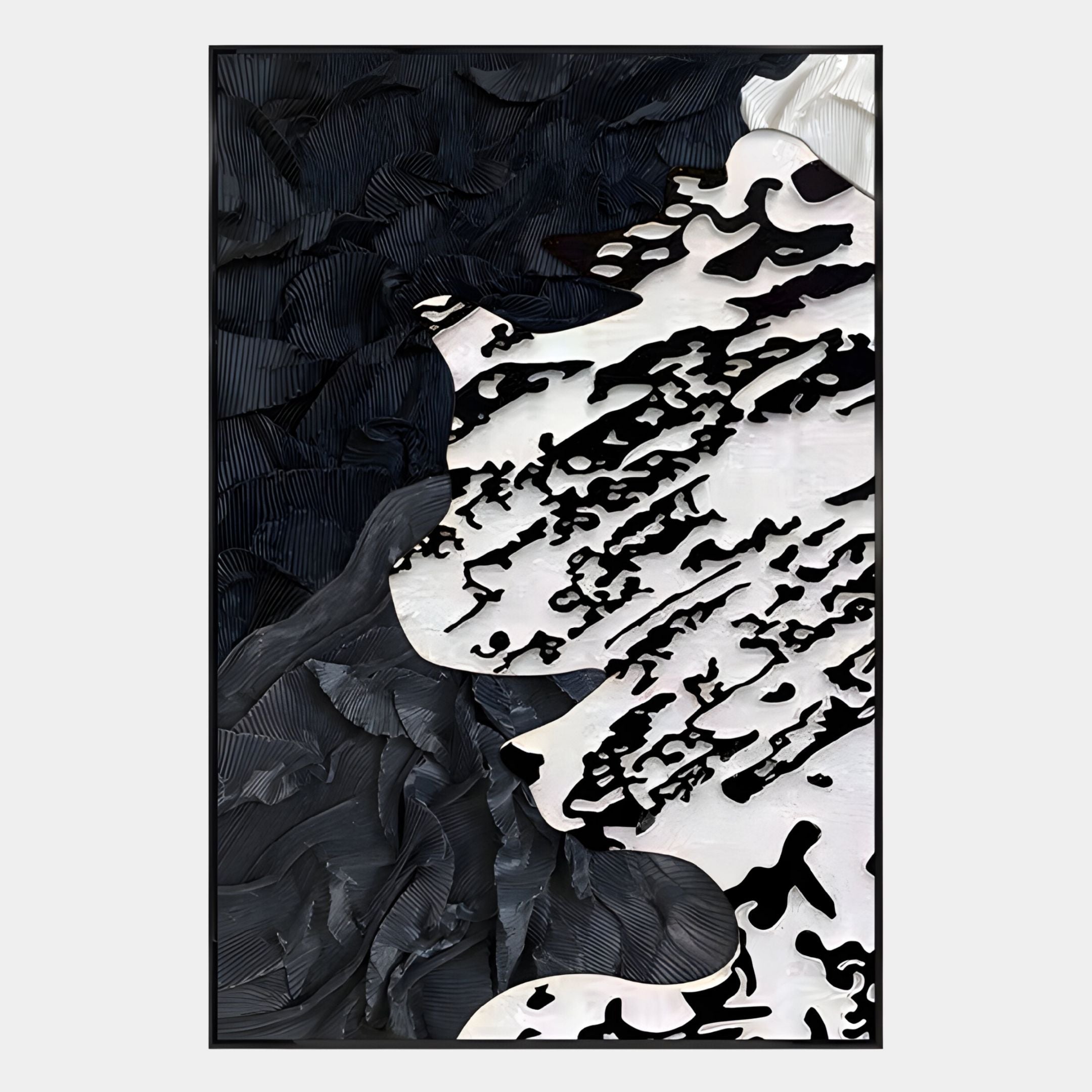 Nivoria III Black & White Textured Abstract 3D Wall Art by Giant Sculptures features dramatic swirling black, white, and gray patterns with wave-like forms and irregular shapes for a striking, high-contrast effect.