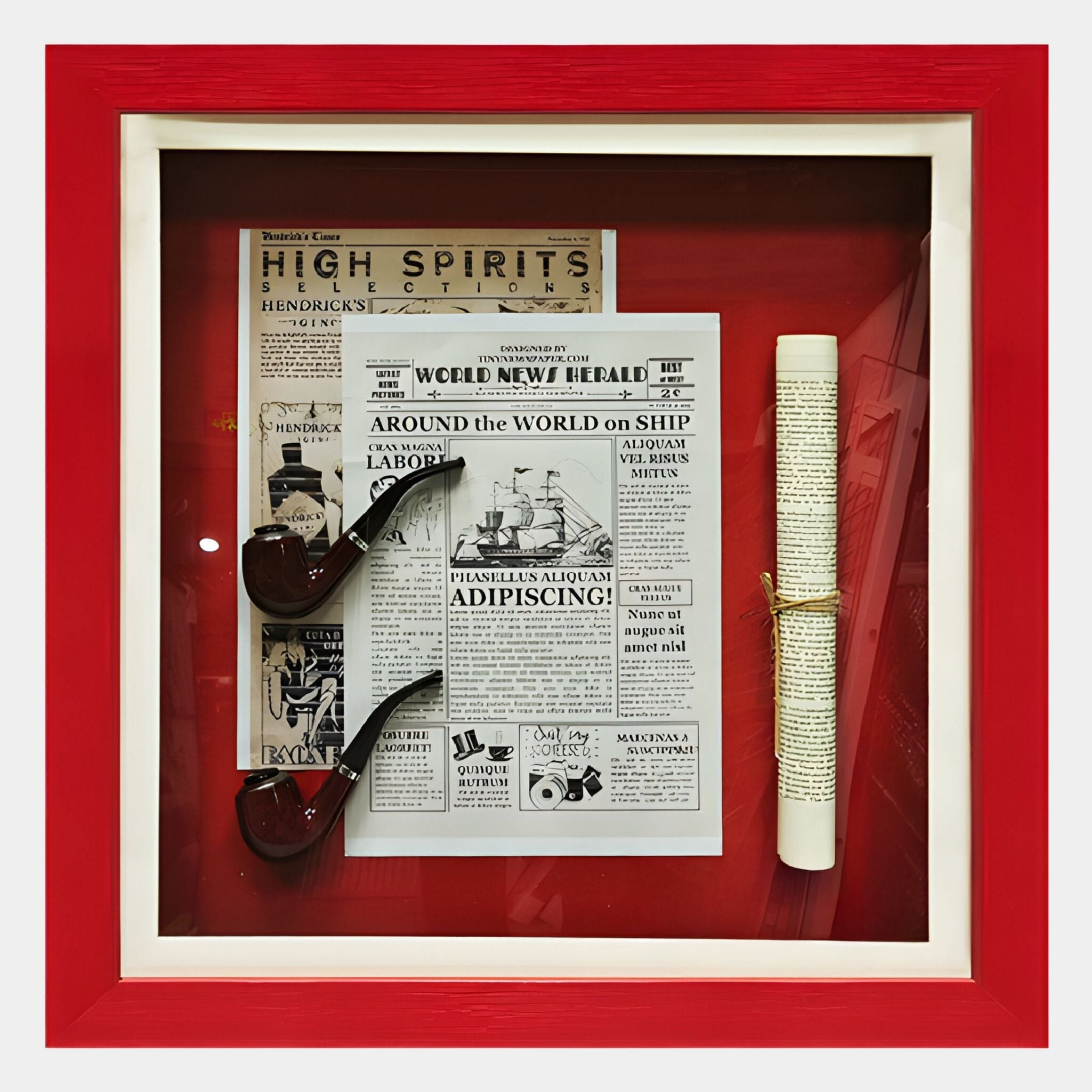 Cavendro Newspaper & Pipe Framed Wall Art by Giant Sculptures features vintage-style newspapers, two wooden pipes, and a rolled paper with string in a bold red shadow box—perfect unique decor for your wall.