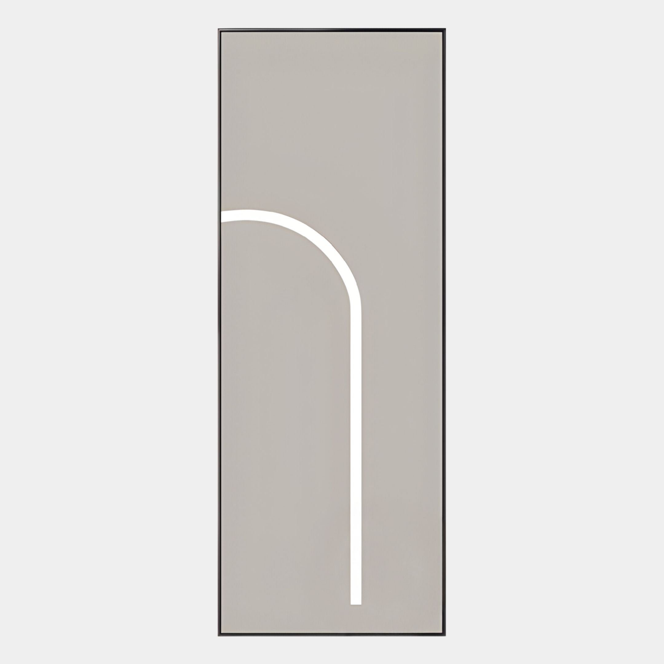 Add modern elegance to any space with the Luminarch Taupe Curve LED Minimalist Wall Art by Giant Sculptures, featuring a taupe rectangular background and a white partial arch design.