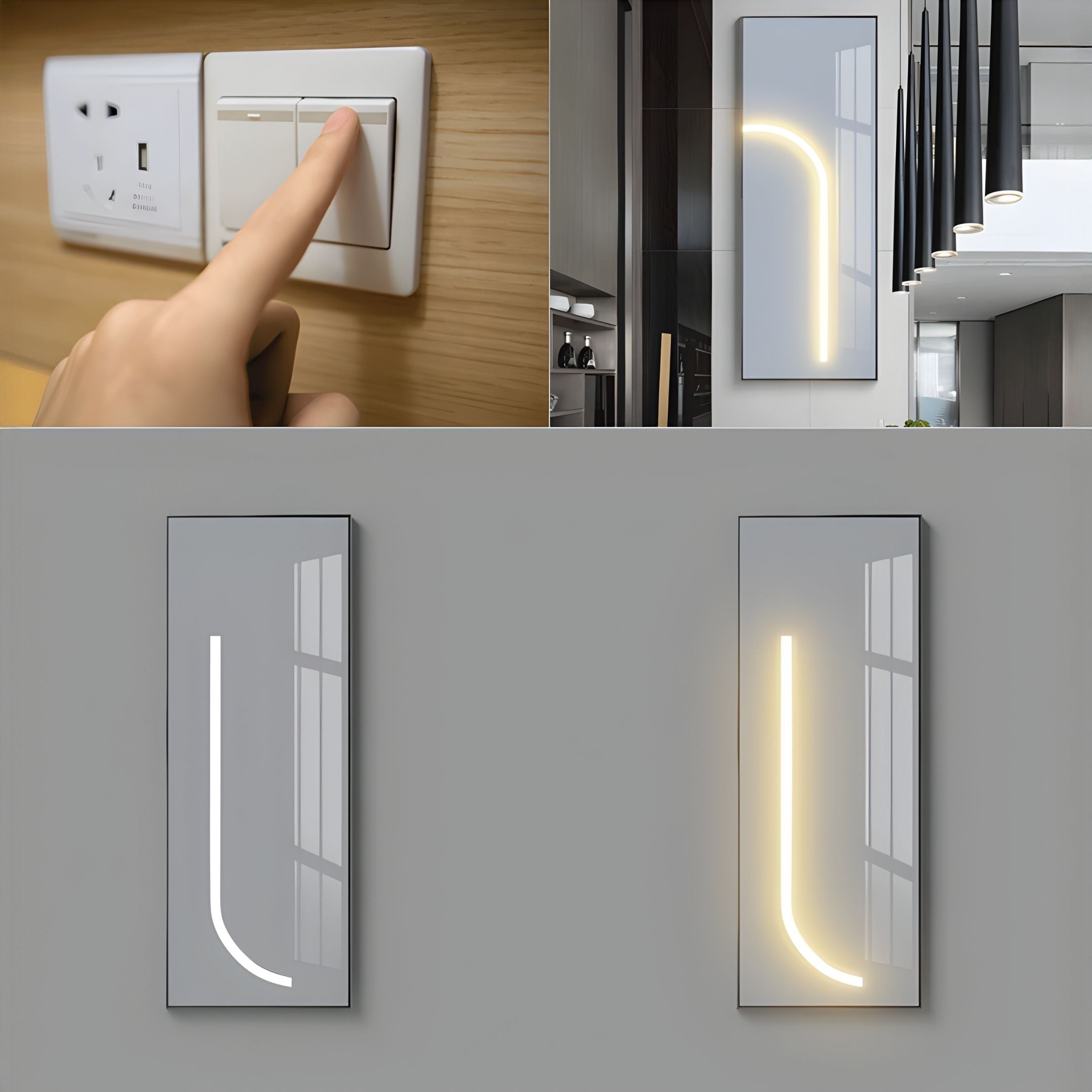 A hand presses a light switch beside an outlet; three Giant Sculptures Luminarch Grey Line LED Minimalist Wall Art lights—two with white and one with yellow light—are mounted on grey walls in a modern interior.