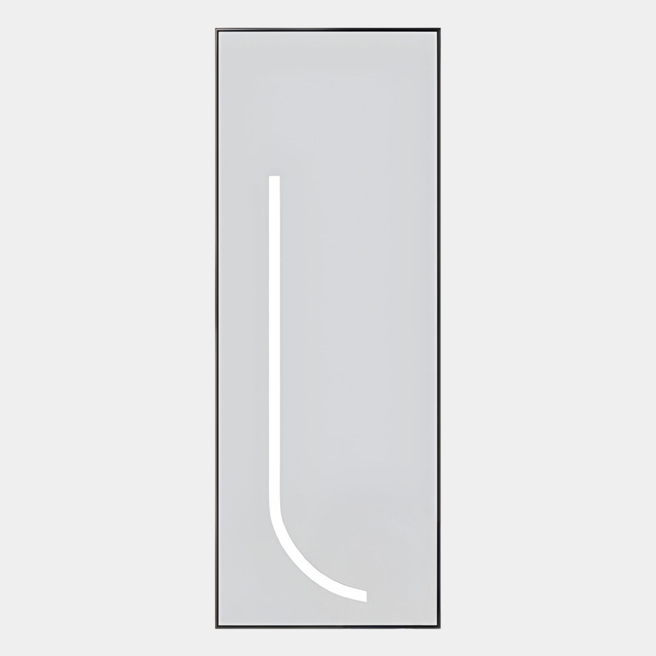 The Luminarch Soft White Line LED Minimalist Wall Art by Giant Sculptures features a tall, vertical rectangle with a light gray background and a single white line that curves smoothly from near the top to the bottom right.
