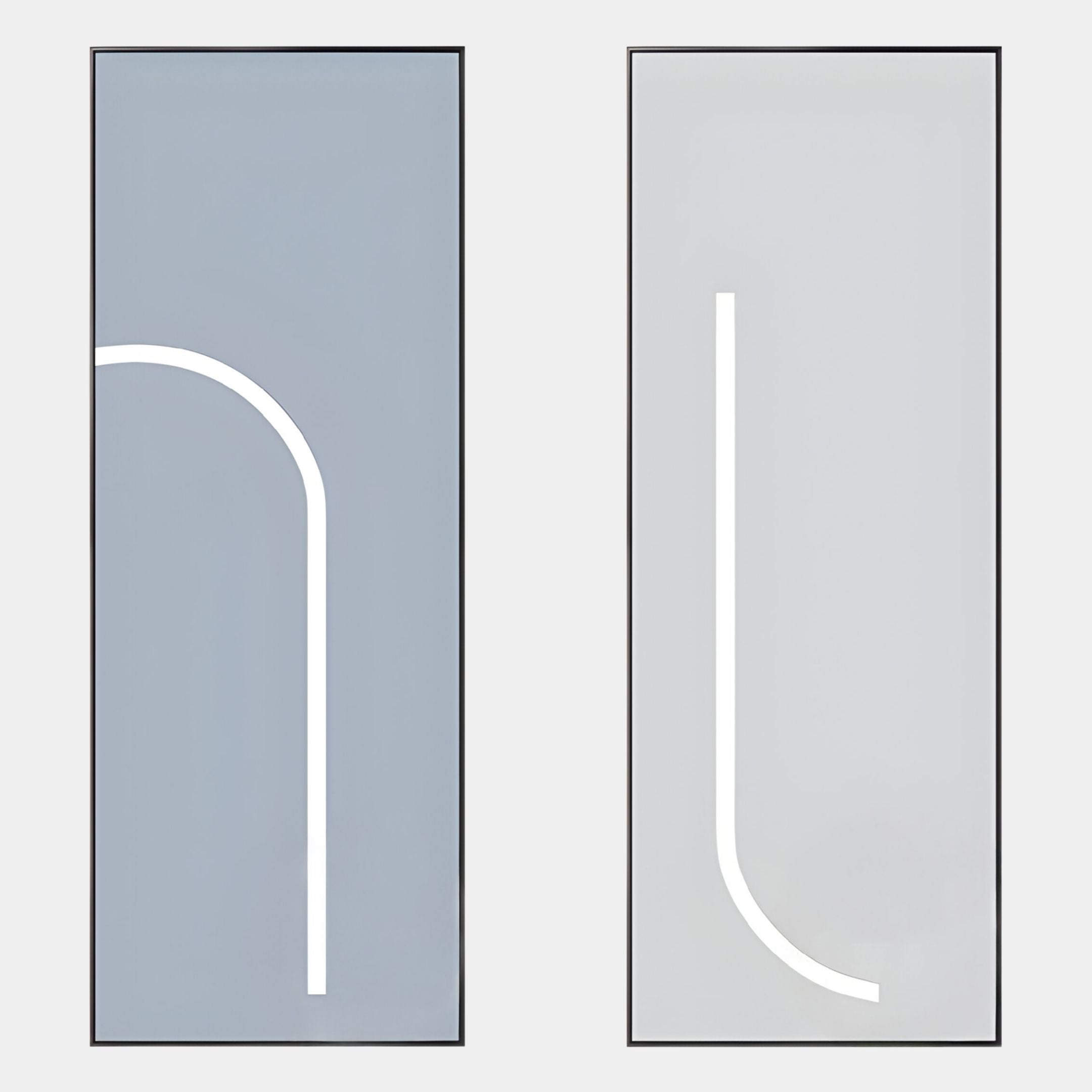 The Luminarch 2-Set Soft Blue & White LED Minimalist Wall Art by Giant Sculptures features minimalist rectangular panels—one light blue with a white curve, the other light gray with a white L shape—ideal for modern wall decor.