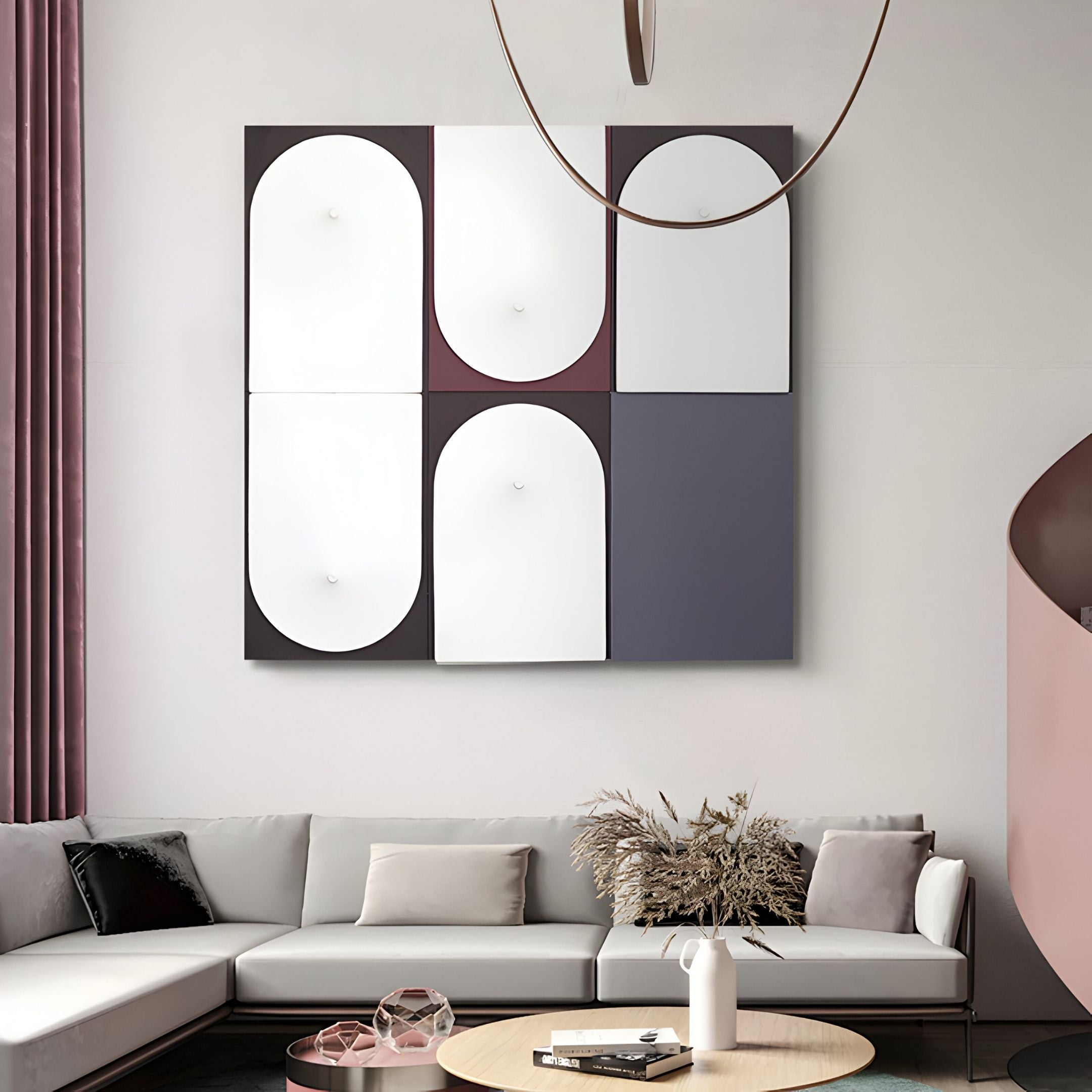 A modern living room with a light sectional sofa, neutral cushions, a round wooden coffee table, dried florals, mauve curtains, and the Curventa Plum & Grey Curved Panel 3D Wall Art by Giant Sculptures as striking geometric decor.