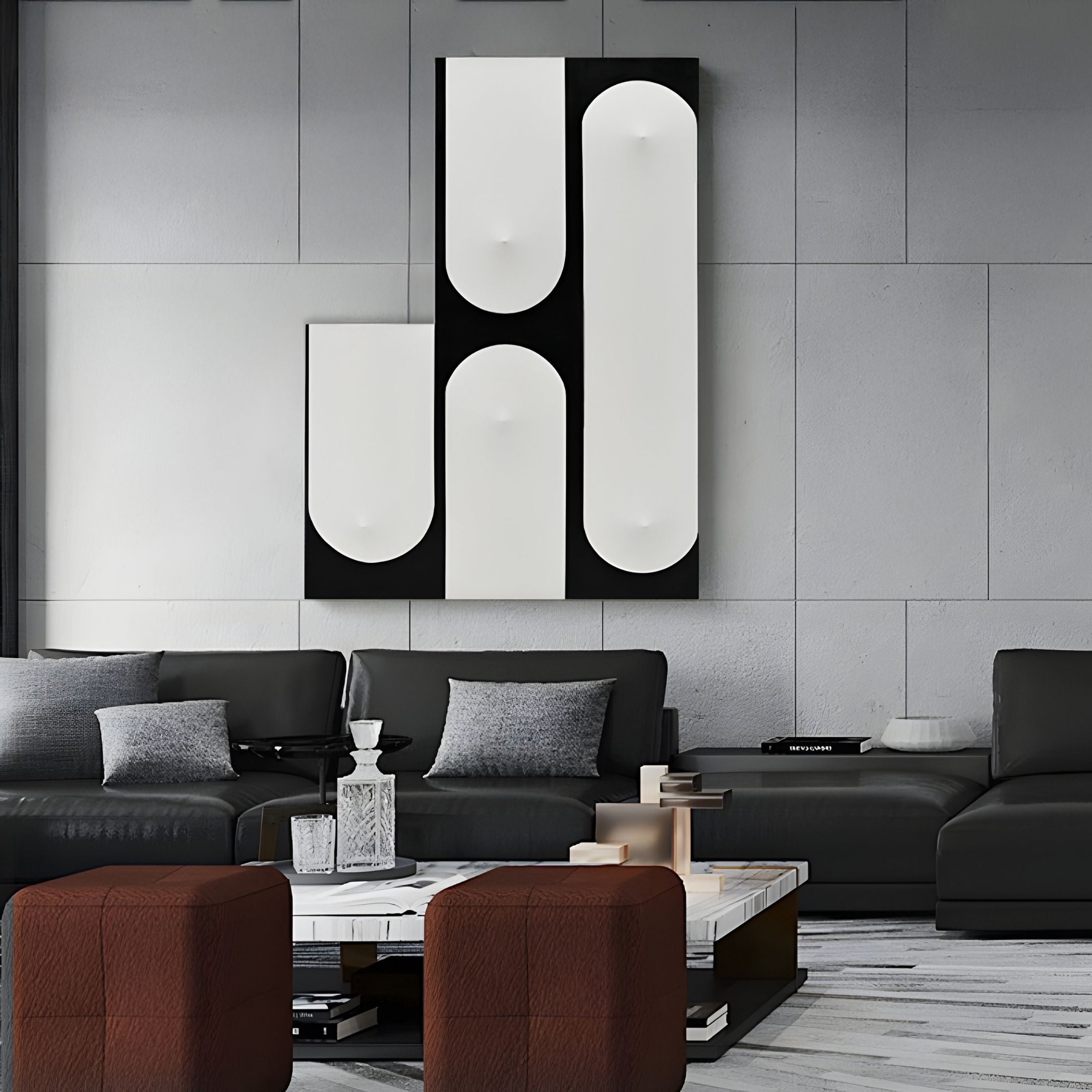 A modern living room featuring a gray sectional, gray cushions, a white and wood coffee table, two brown ottomans, and the Curventa Black & White Curved Panel 3D Wall Art by Giant Sculptures for striking minimalist style.