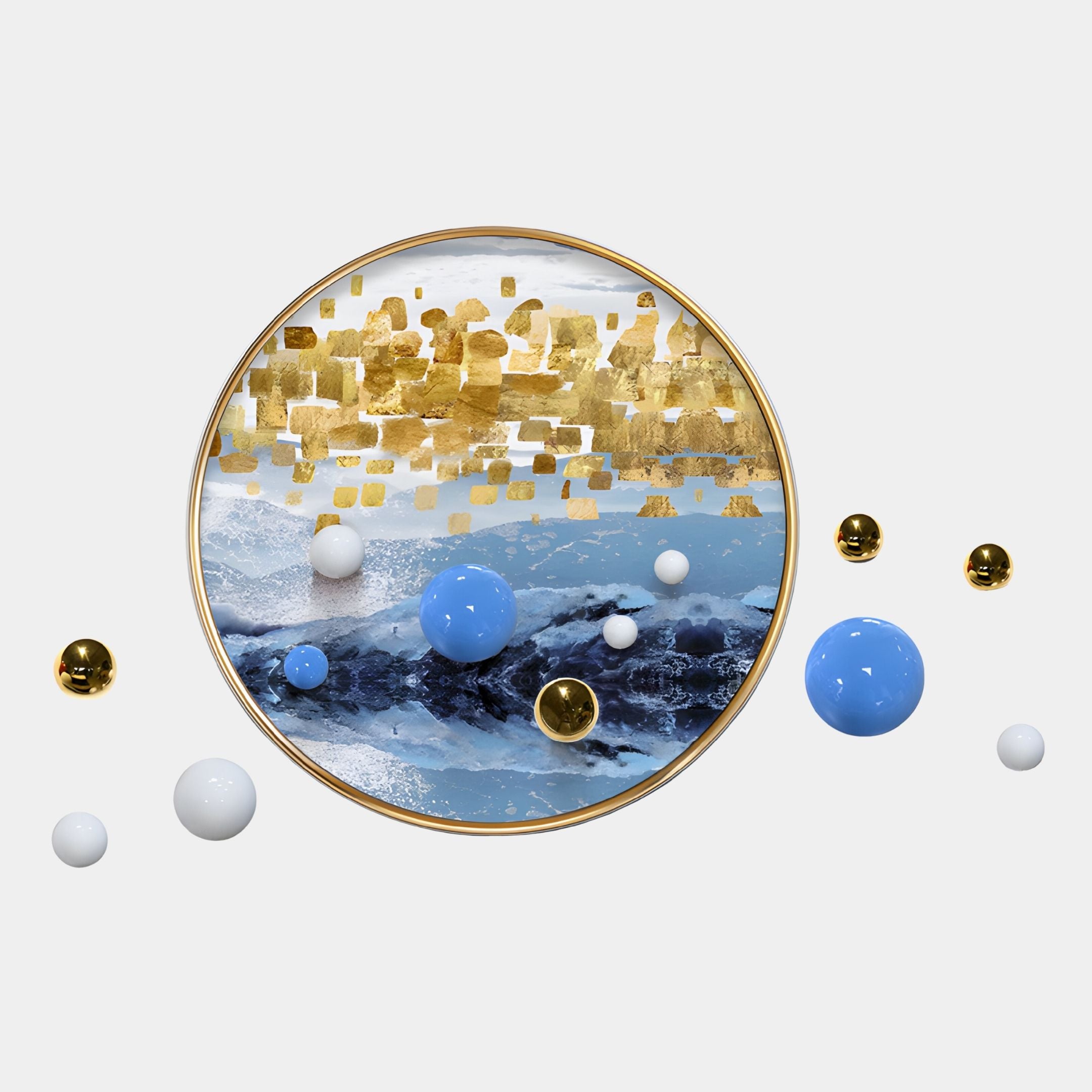 The Aurellune Blue & Gold Horizon 3D Wall Art by Giant Sculptures features gold squares, abstract blue and white waves, and floating blue, white, and gold metal balls on a crisp white background.