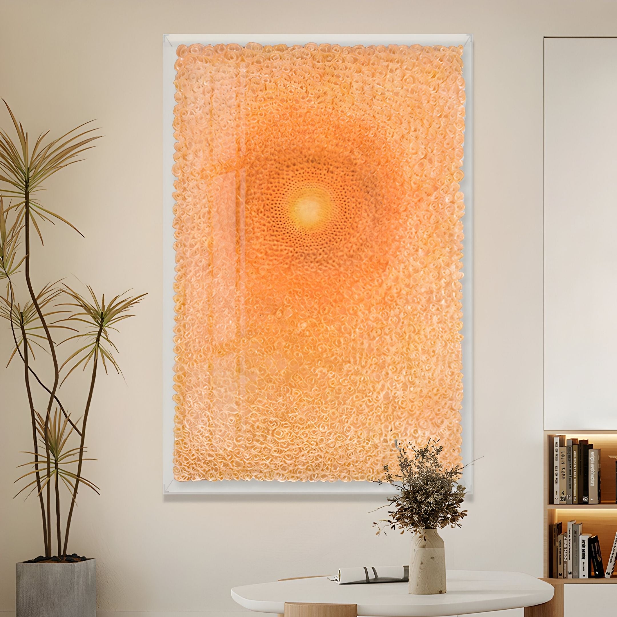 The Lumora Amber Orange Acrylic Framed 3D Paper Wall Art by Giant Sculptures with circular patterns is displayed on a beige wall in a modern living room, near a tall plant, round table with vase, and bookshelf filled with books and decor.