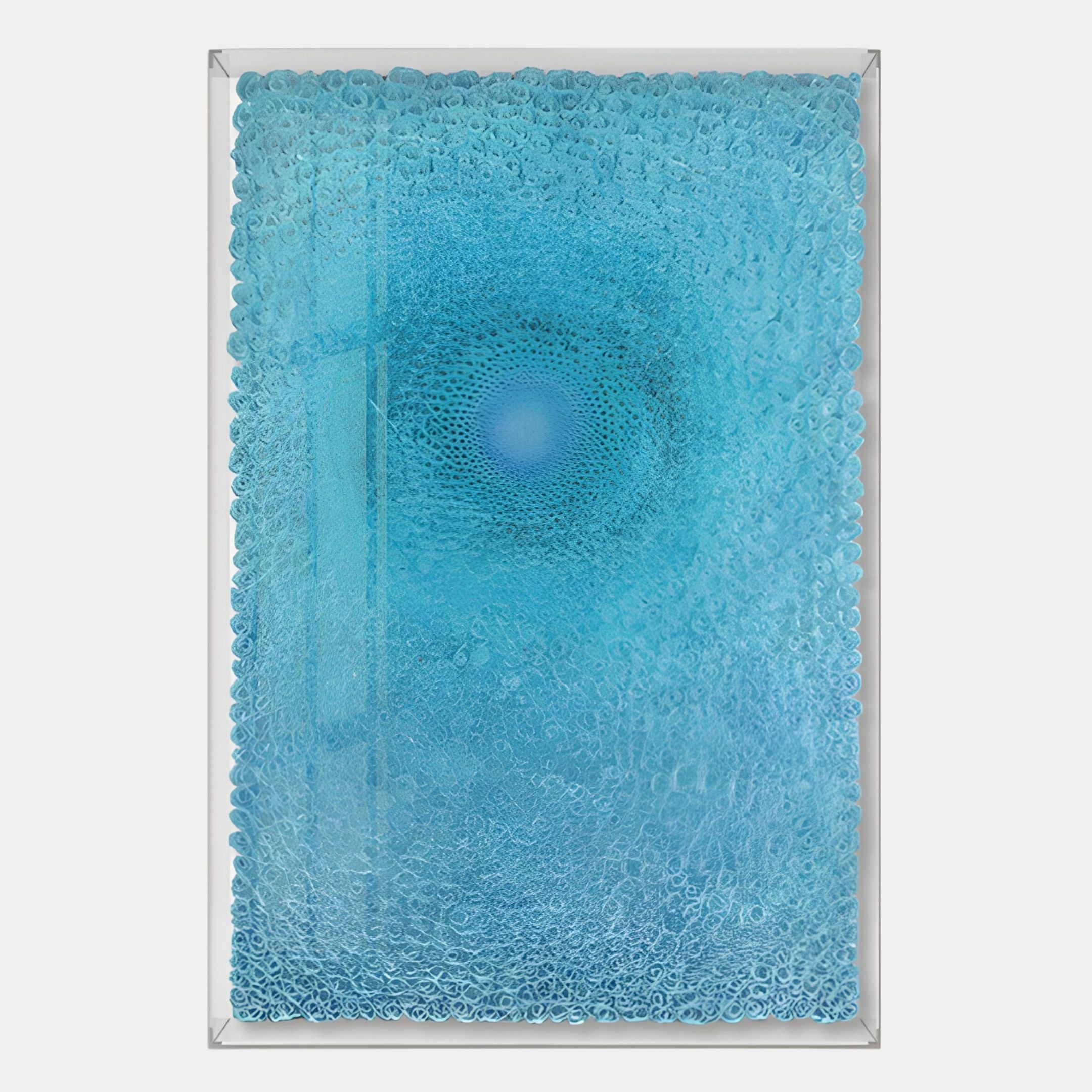 The Lumora Aqua Blue Acrylic Framed 3D Paper Wall Art by Giant Sculptures features layered blue circles radiating from the center, creating a textured three-dimensional effect in a sleek rectangular frame.