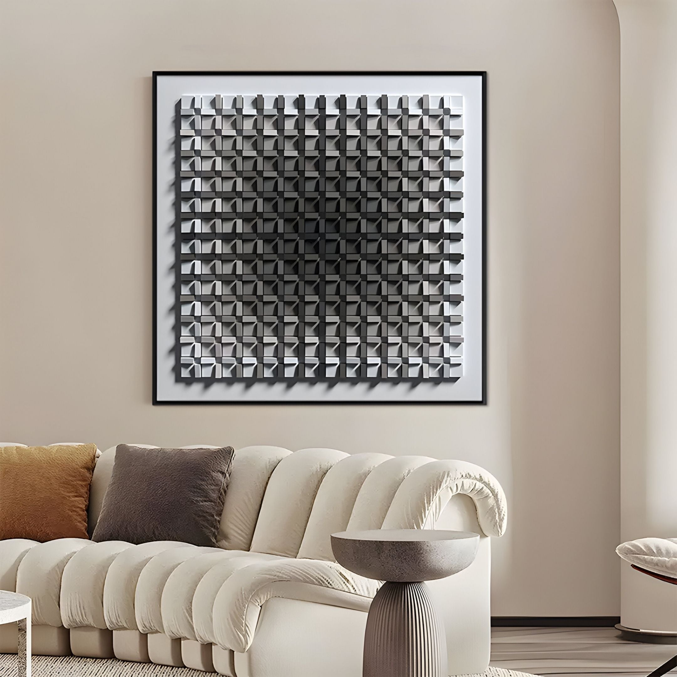A modern living room with a cream tufted sofa, neutral pillows, a round side table, and the Gradisect Deep Grey Fade Geometric 3D Wooden Wall Art by Giant Sculptures centered above—ideal for contemporary interiors.