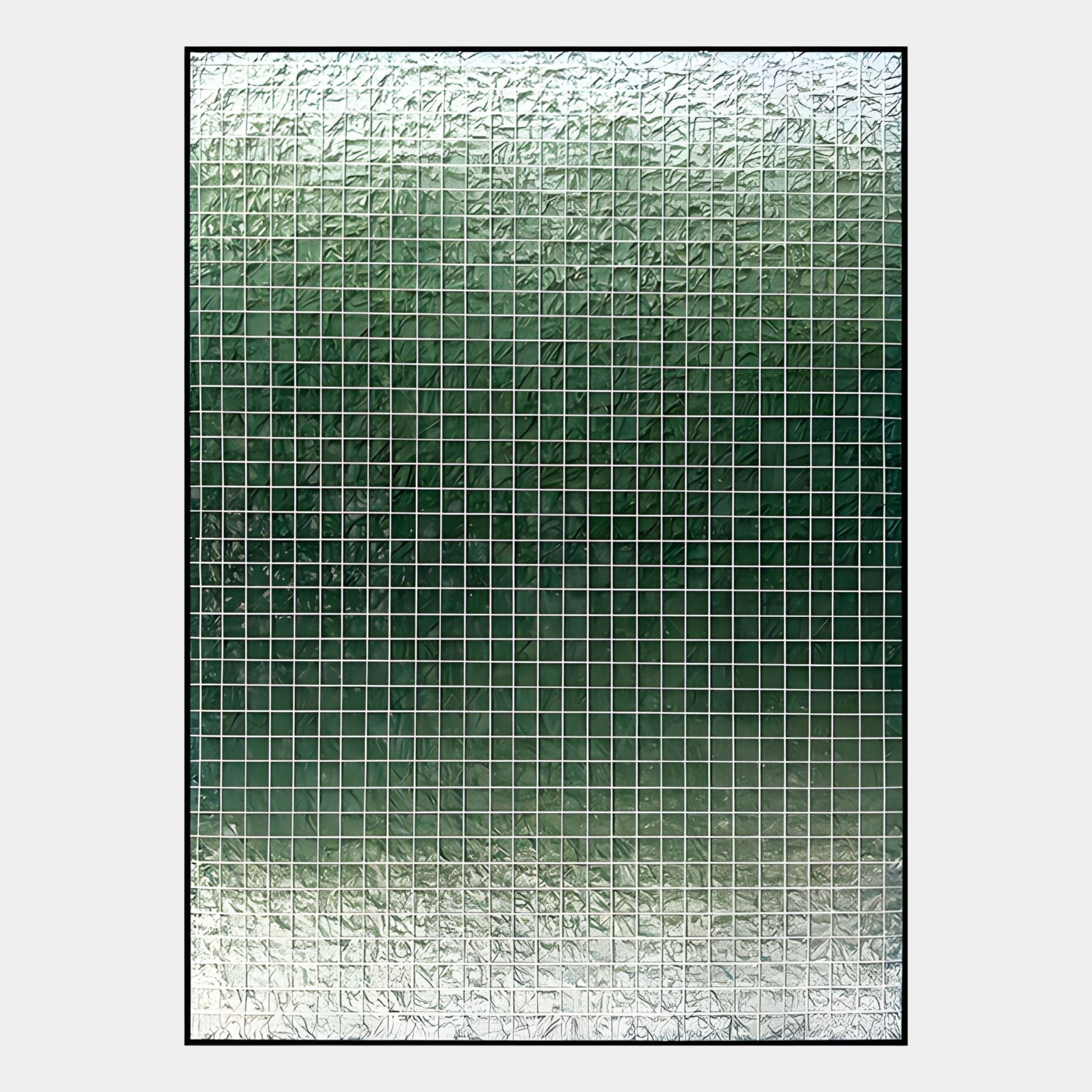 The Gridelle Forest Fade Gradient Grid 3D Paper Wall Art by Giant Sculptures features small white squares over a textured, frosted surface with a green gradient, creating intersecting lines and reflections for striking contemporary decor.