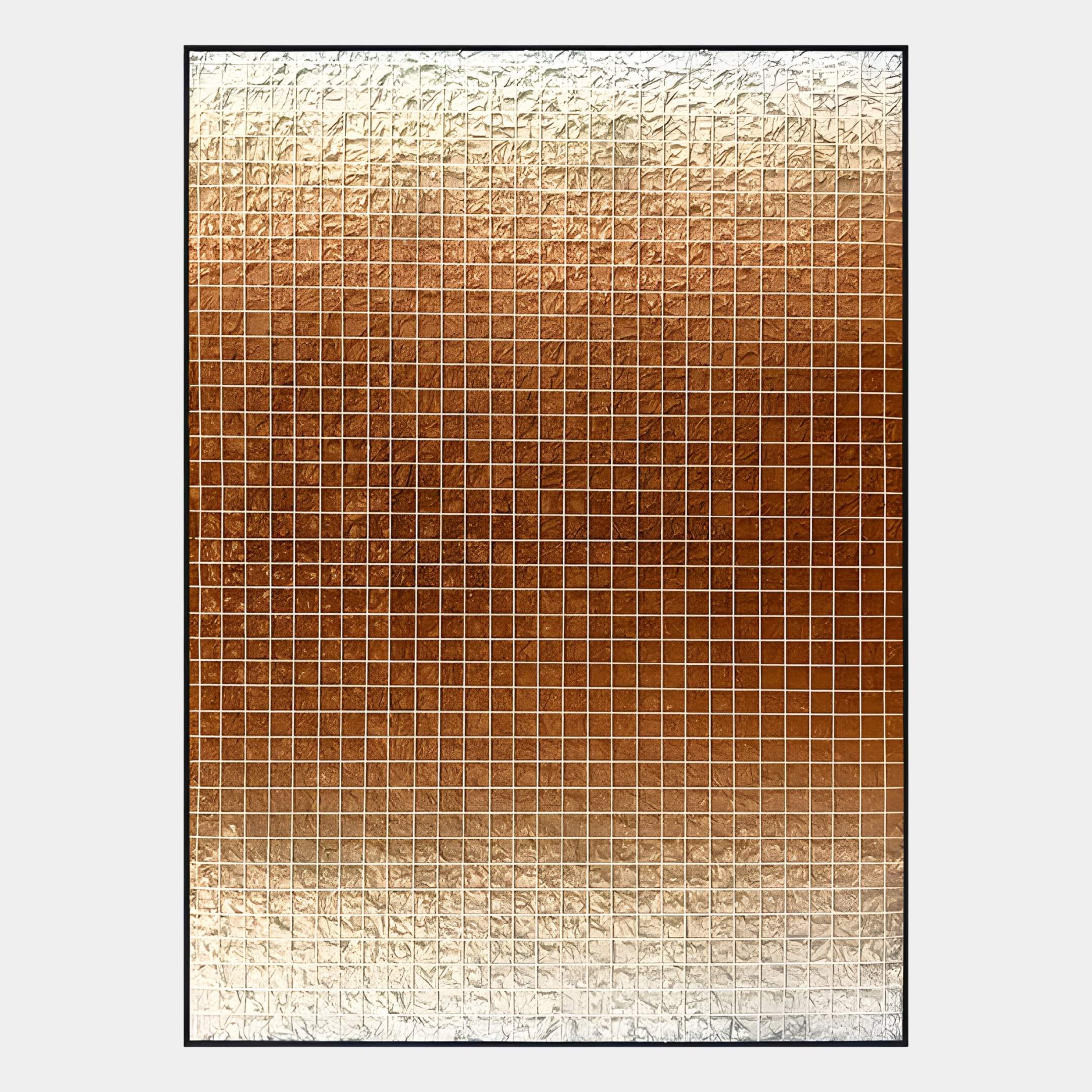 The Gridelle Amber Fade Gradient Grid 3D Paper Wall Art by Giant Sculptures features a textured grid of small squares fading from white to deep brown, creating a striking modern decor piece with a mosaic-like, reflective surface.