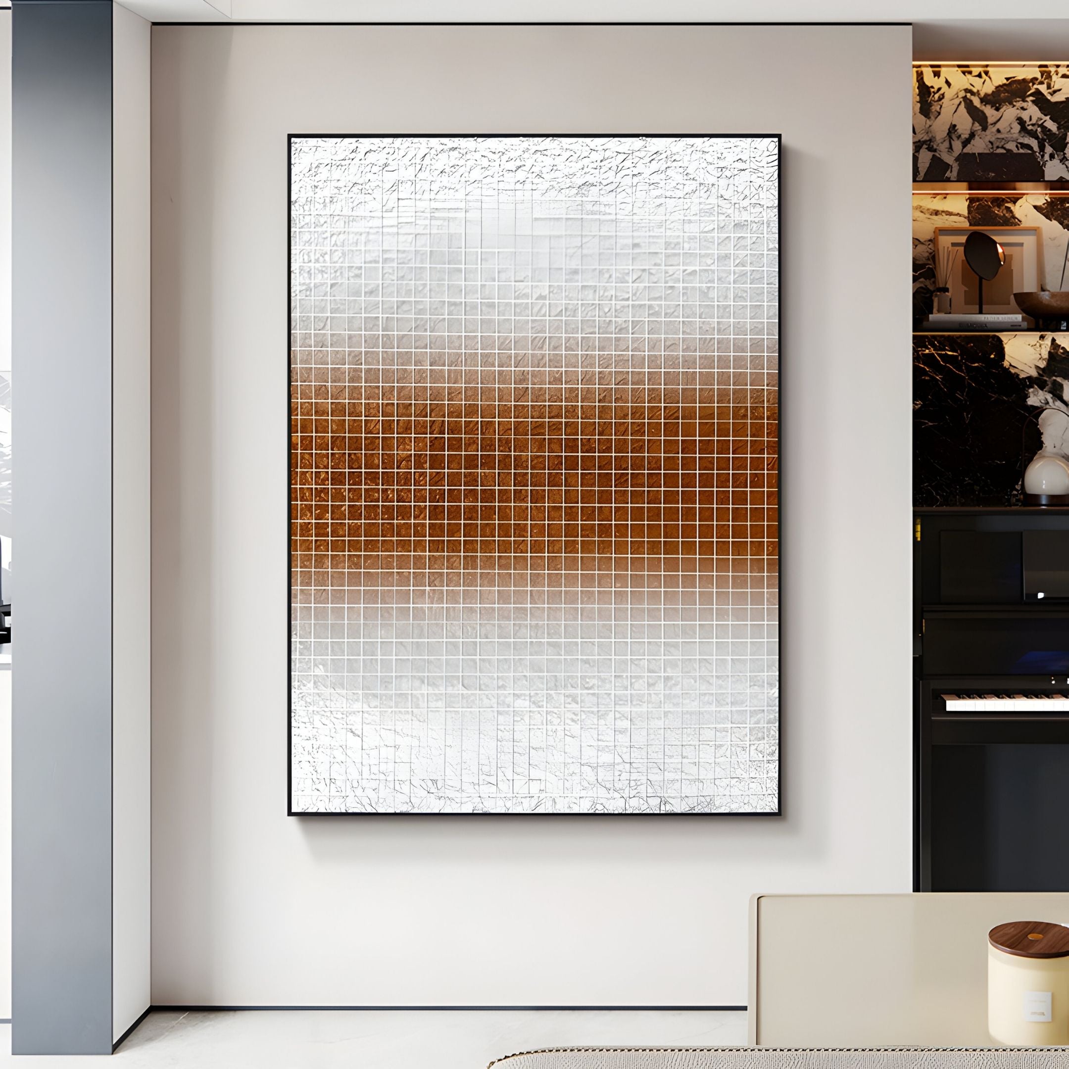 Gridelle Silver & Amber Gradient Grid 3D Paper Wall Art by Giant Sculptures features a striking abstract grid with silver, white, and brown gradients—perfect for modern, chic living spaces.