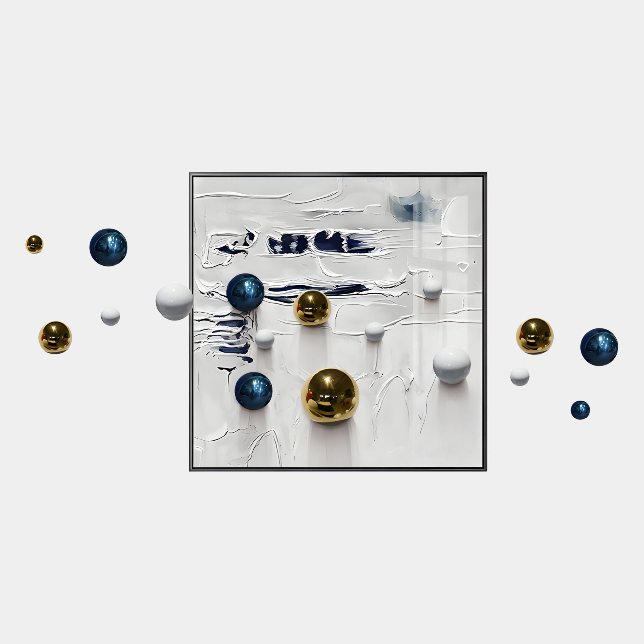 The Aeroluxe Navy & White Abstract 3D Wall Art With Metal Balls by Giant Sculptures features a central white textured square with blue, gold, and white spheres for striking contemporary decor on a plain light background.