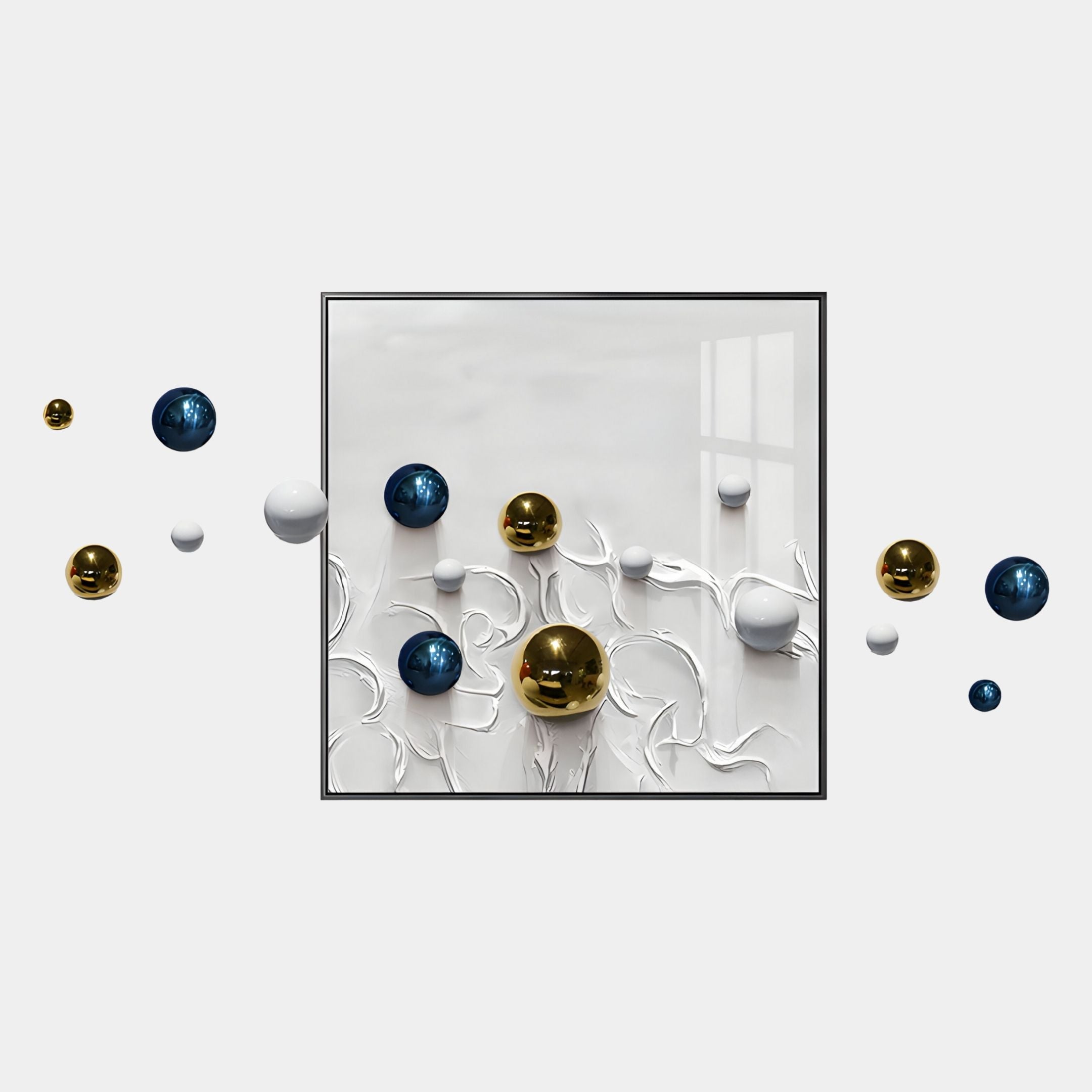 The Aeroluxe White Swirl Abstract 3D Wall Art With Metal Balls by Giant Sculptures features a central square frame with blue, gold, and white spheres and sculpted shapes extending outward, creating a striking modern statement for your wall.