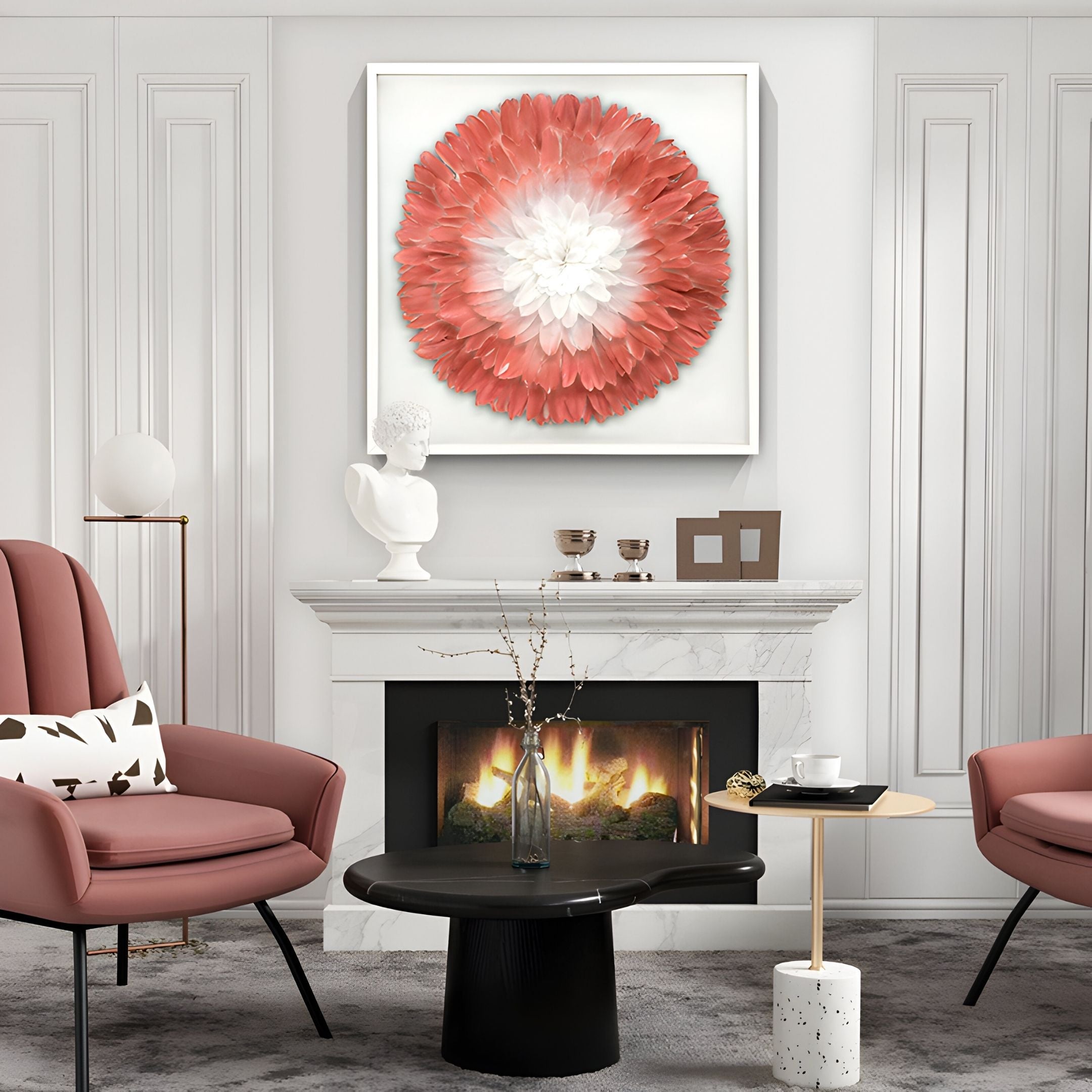 A modern living room with pink chairs, a round black coffee table, and a white marble fireplace. Above hangs Giant Sculptures’ Plumesse Coral Bloom Layered Feather 3D Wall Art, adding vibrant flair to the neutral-toned space.