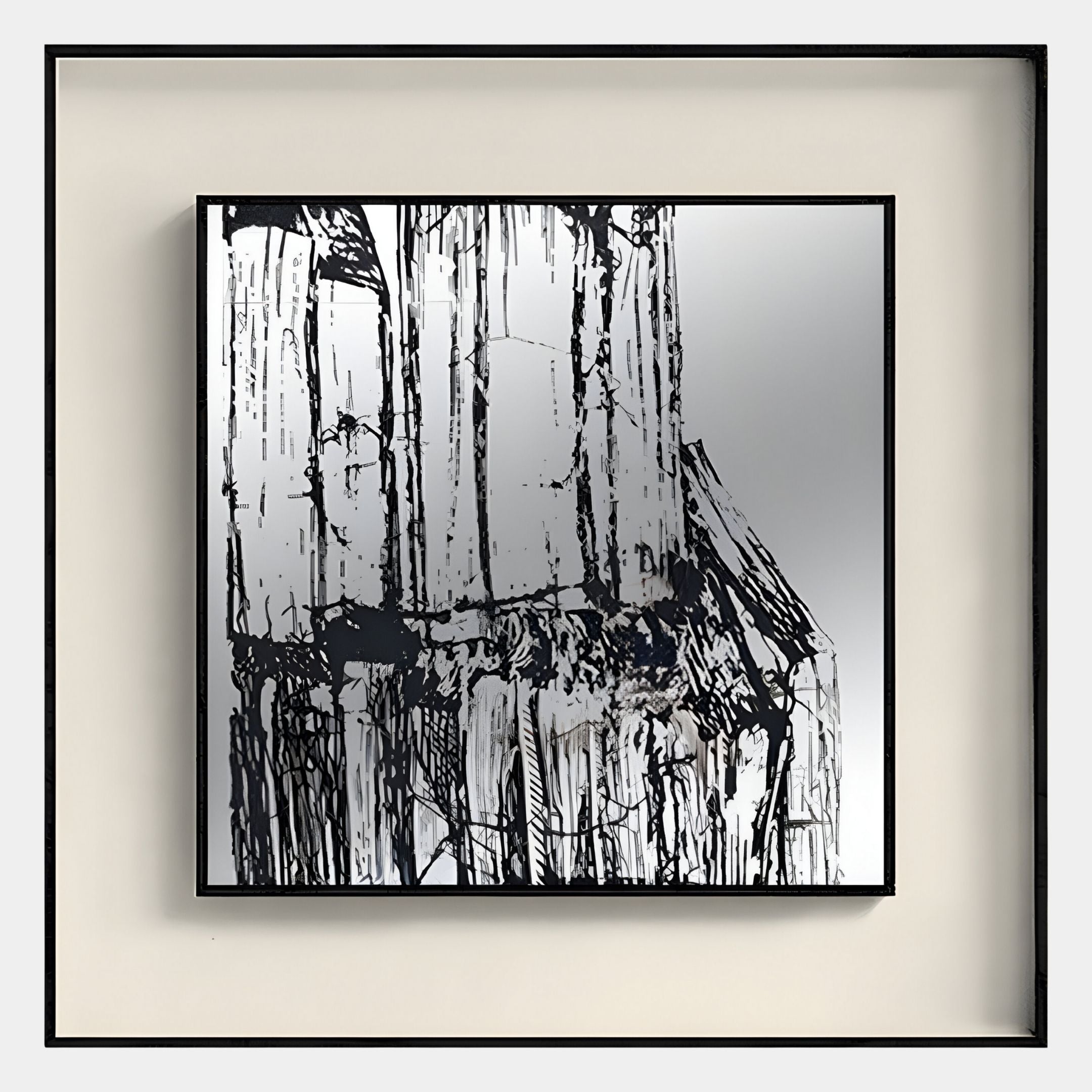 The Stratonis Monochrome Abstract Textured Framed Wall Art by Giant Sculptures features black vertical dripping lines on a white and gray background, evoking an industrial cityscape—perfect for modern minimalist decor.