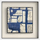 The Stratonis Blue & Beige Grid Abstract Textured Framed Wall Art by Giant Sculptures features overlapping blue and beige geometric shapes with black lines, mounted in a shadow-box frame for a modern, layered look.