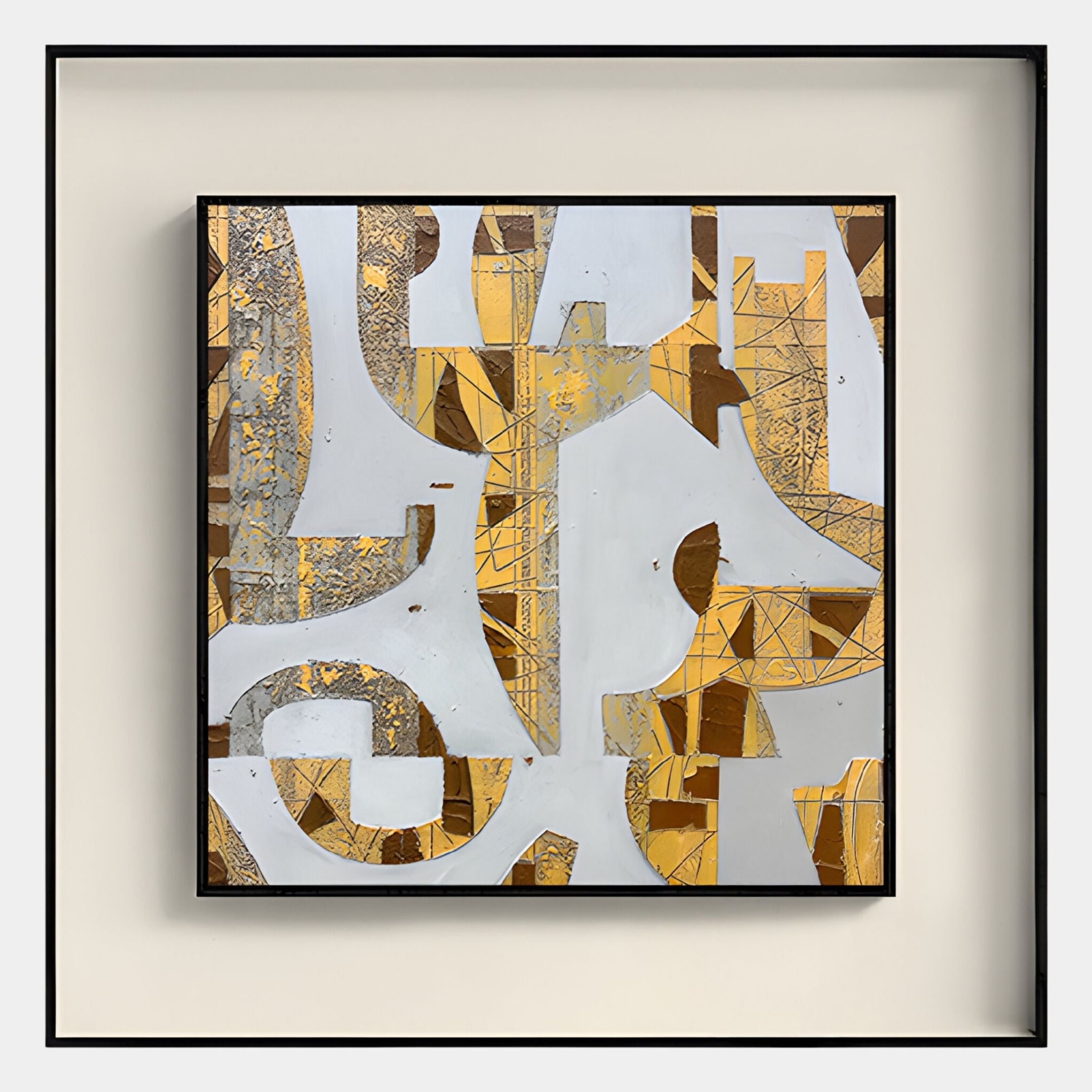 The Stratonis Yellow Abstract Textured Framed Wall Art by Giant Sculptures showcases gold, brown, and gray shapes with layered patterns in a shadowbox-style frame, adding contemporary flair to any space.