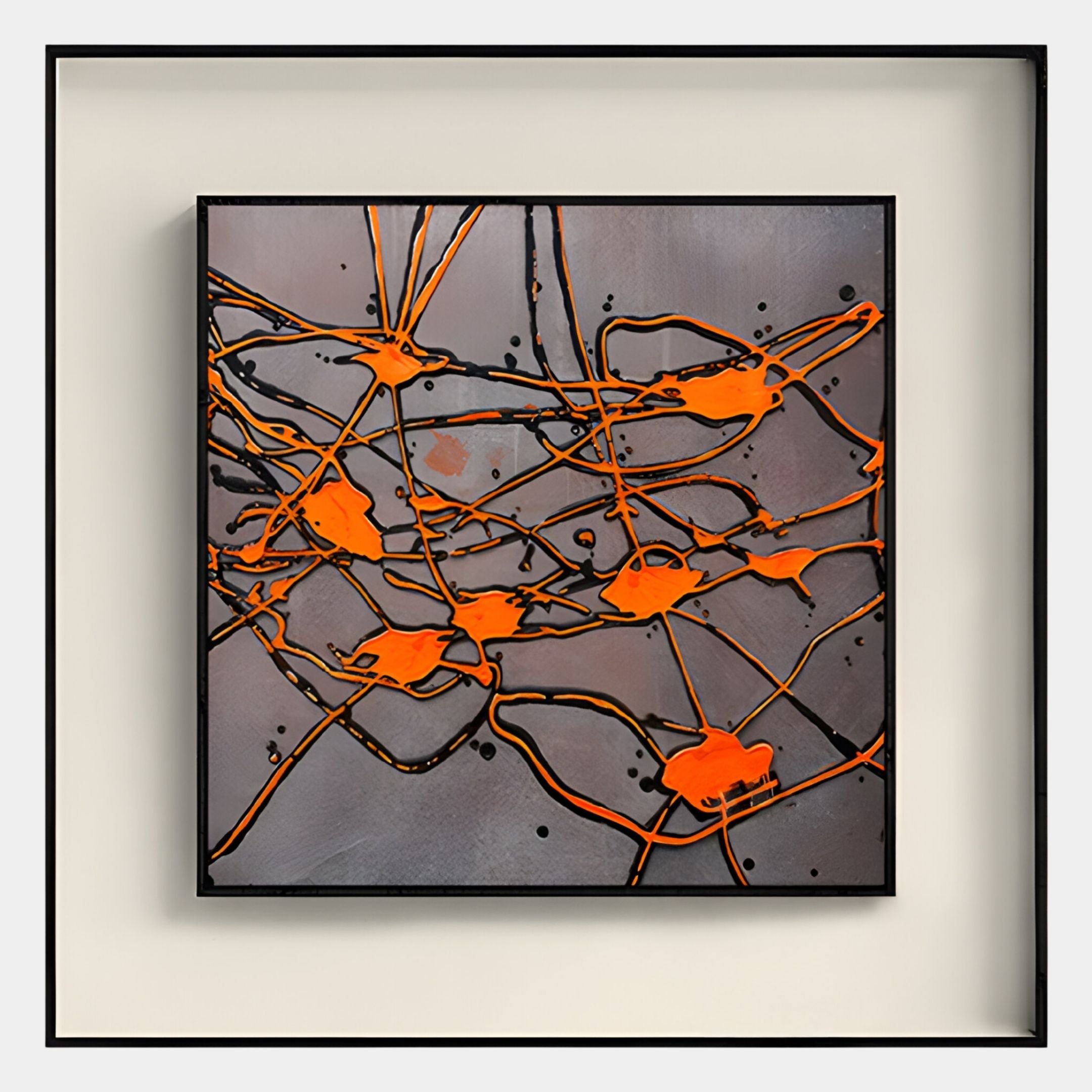 The Stratonis Orange Drip Abstract Textured Framed Wall Art by Giant Sculptures features bold orange lines and splatters on a gray background, framed in black—an energetic modern accent piece for any space.
