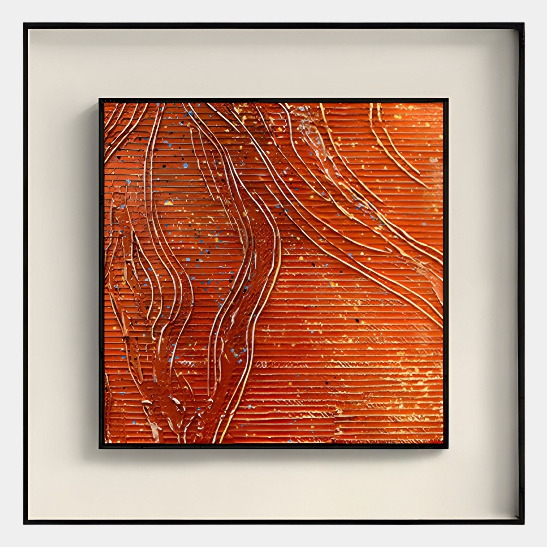 Stratonis Ember Linear Textured Framed Wall Art by Giant Sculptures features an orange background with raised wavy metallic lines and scattered gold and silver specks, adding a modern, flowing touch to your contemporary space.