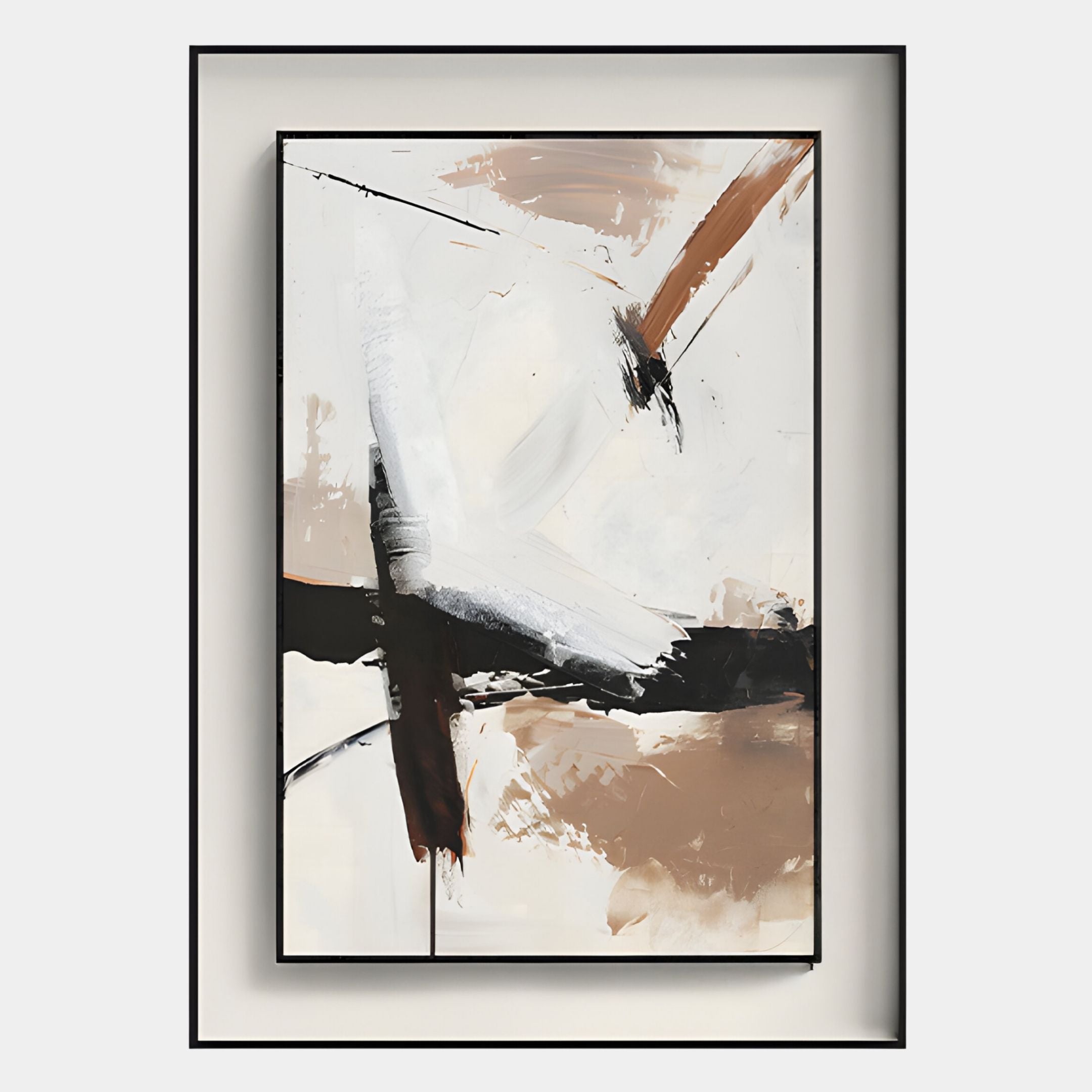 The Bravura I Stroke Abstract Framed Canvas Wall Art by Giant Sculptures features bold black, brown, and white brushstrokes over a light beige background, finished with a slim black border for a striking minimalist effect.