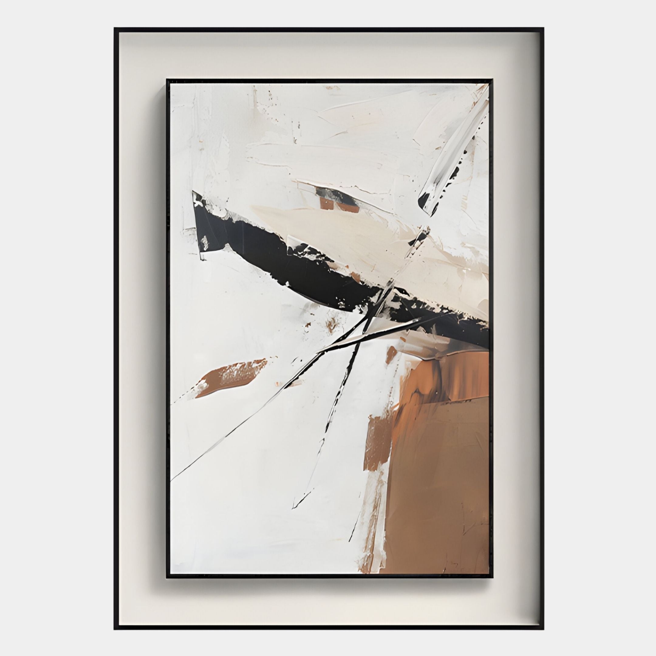 The Bravura II Stroke Abstract Framed Canvas Wall Art by Giant Sculptures showcases dynamic black, brown, and beige brushstrokes on white—sharp lines and bold shapes perfect for contemporary or modern living room decor.