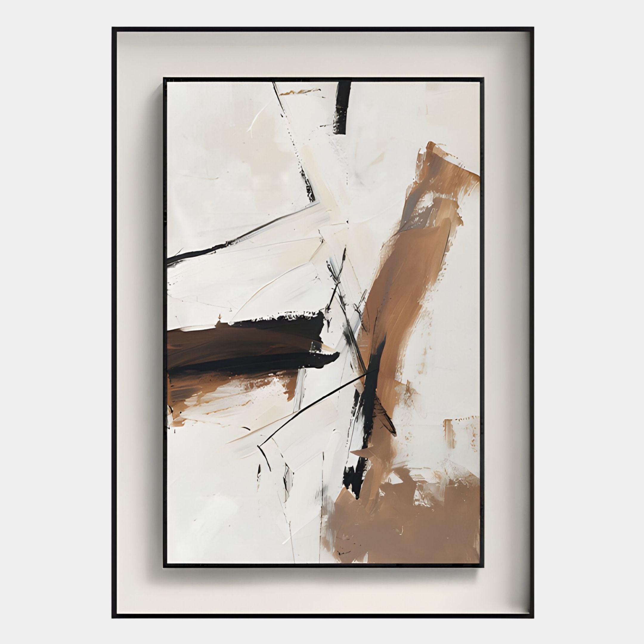 The Bravura III Stroke Abstract Framed Canvas Wall Art by Giant Sculptures features dynamic black, brown, and beige brushstrokes on white with a thin black frame—perfect minimalist wall art for modern interiors.
