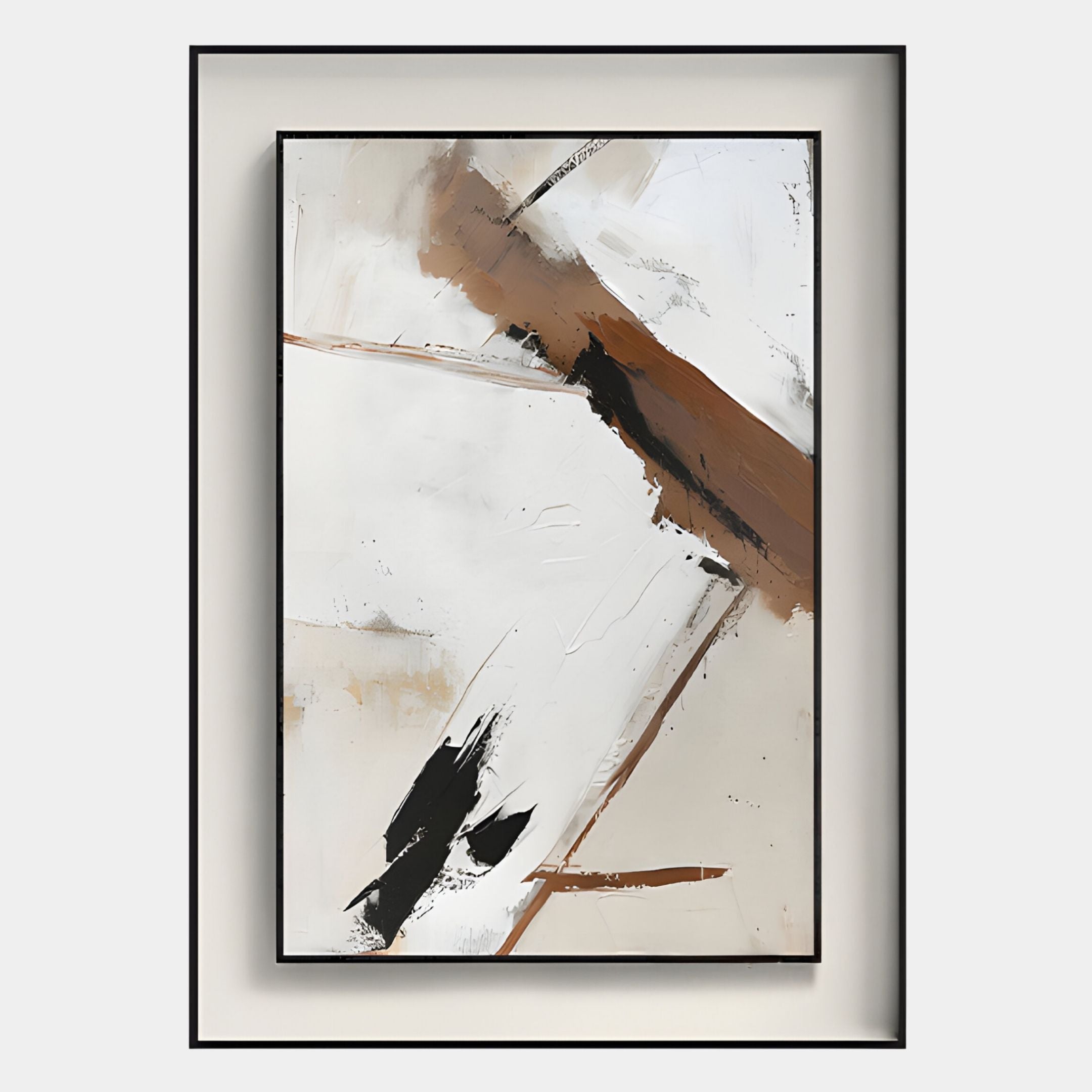 Bravura IV Stroke Abstract Framed Canvas Wall Art by Giant Sculptures features bold brown, black, and tan diagonal brushstrokes on white with a sleek black frame—a striking minimalist piece for modern interiors.