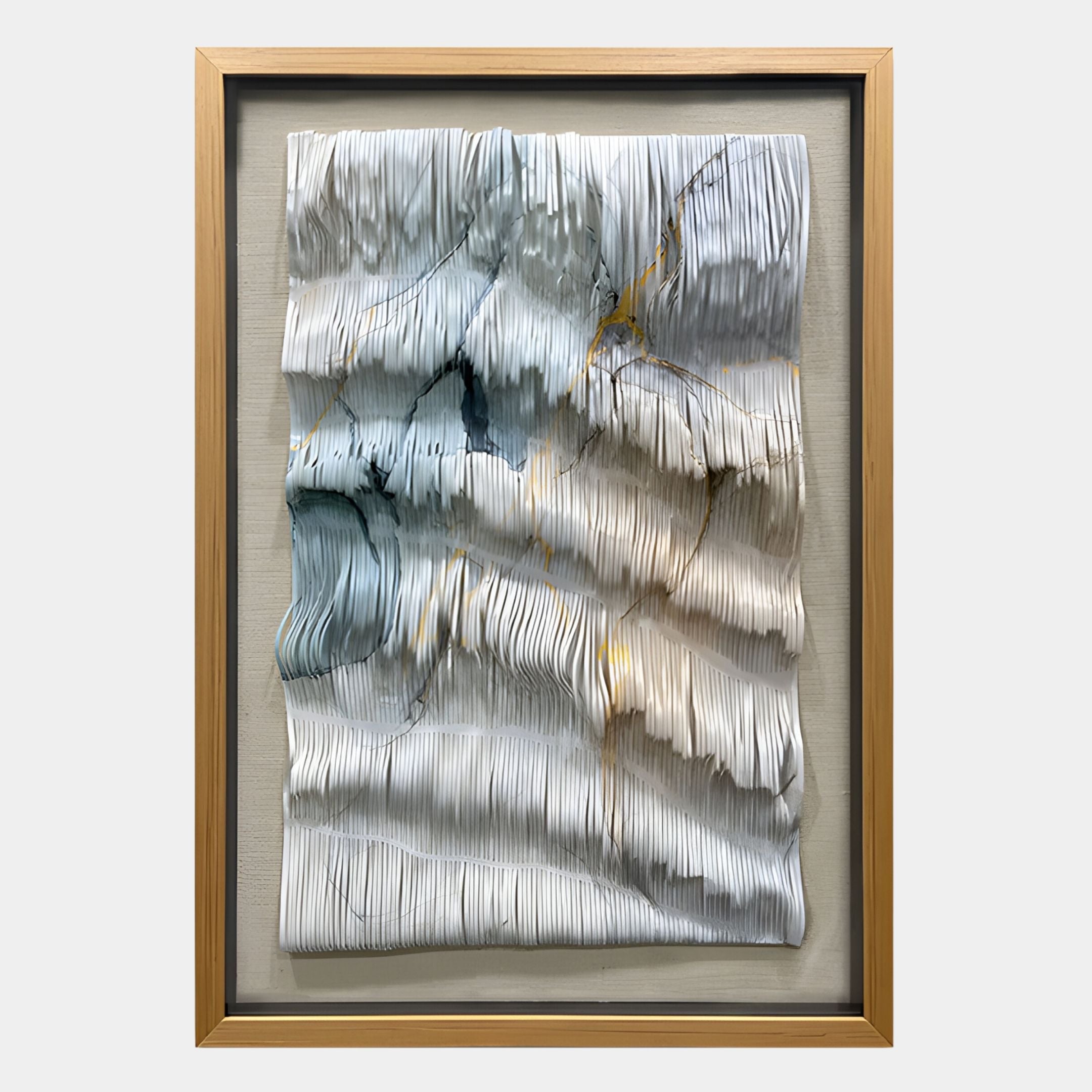 The Linscario Mistfold White & Blue Ripple Texture 3D Wall Art by Giant Sculptures features layered wavy white ridges with blue, gray, and gold accents, creating an abstract framed piece ideal for luxury interiors.