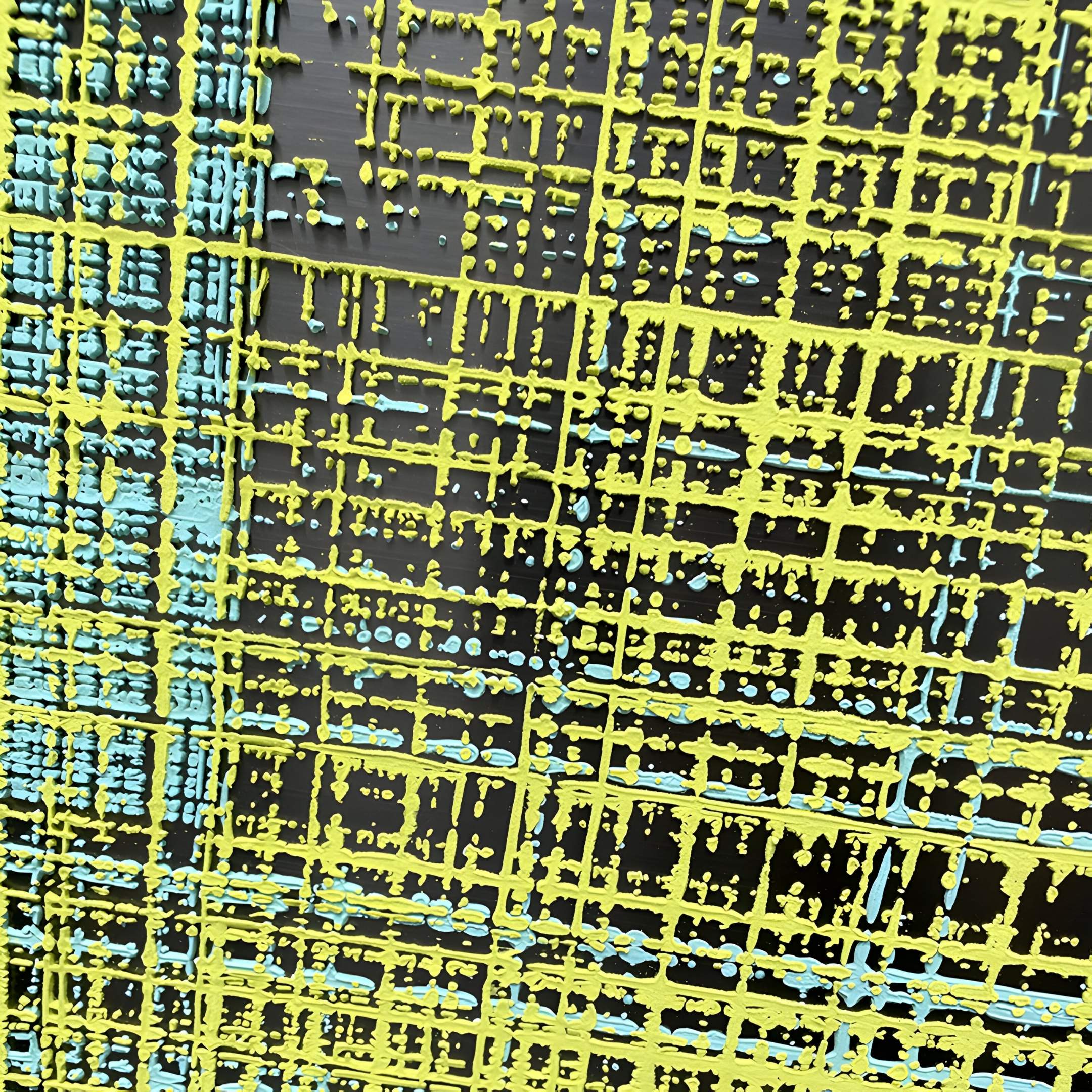 Close-up of the Vectaryn Green Abstract Embossed Texture 3D Wall Art by Giant Sculptures, featuring intersecting yellow and blue textured lines with a grid pattern over a dark background, evoking a refined Nordic aesthetic.