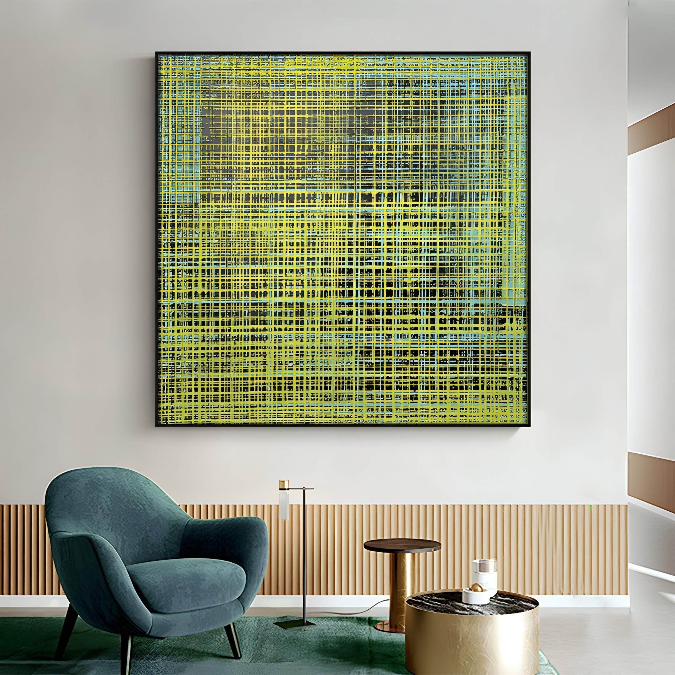 A modern living room with a teal velvet armchair, round gold and black tables, and the Giant Sculptures Vectaryn Green Abstract Embossed Texture 3D Wall Art—ideal for fans of Nordic interiors.