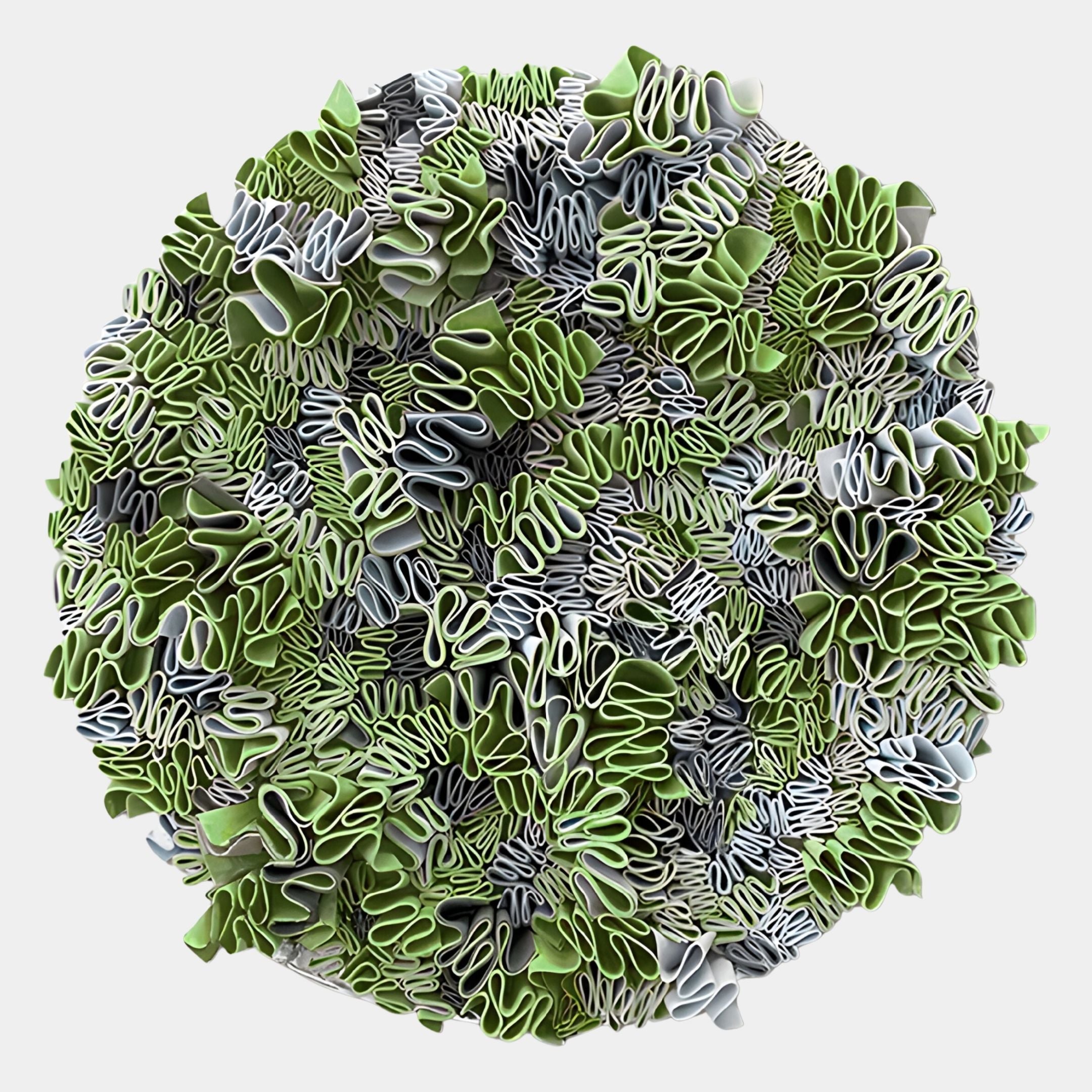 The Rivora Green Ribbon Leather Circular 3D Wall Art by Giant Sculptures features tightly packed, wavy, ribbon-like forms in green, white, and gray—resembling abstract foliage or coral for striking contemporary interiors.