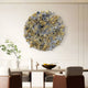 A modern dining room with a round table, four chairs, and minimalist decor features the Rivora Yellow Ribbon Leather Circular 3D Wall Art by Giant Sculptures—a bold abstract piece with layered yellow and black waves as a striking focal point.