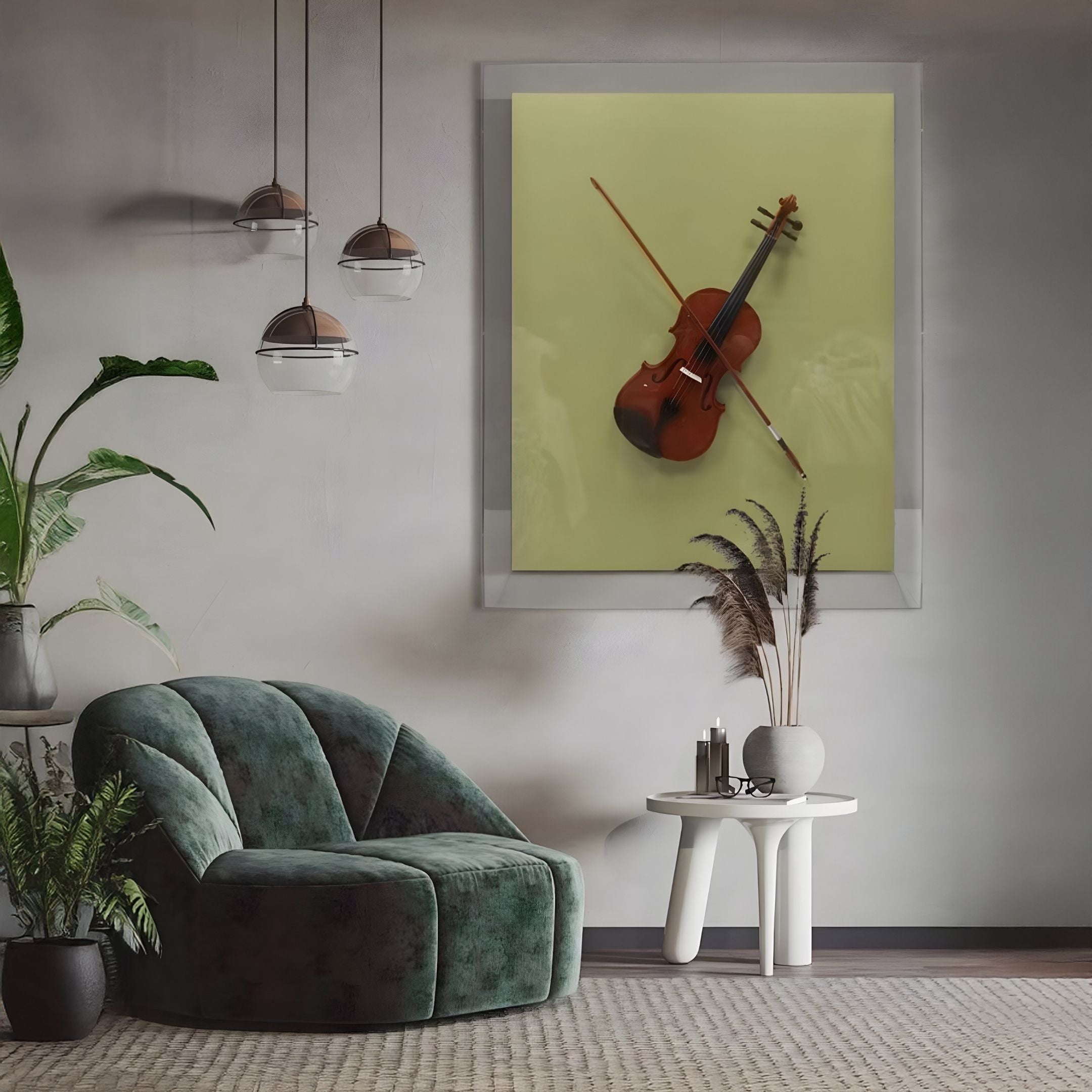 A modern living room features a green velvet armchair, potted plants, a white round side table with dried grass, and the Archetto Olive Violin Acrylic Framed 3D Wall Art by Giant Sculptures displayed on a yellow background.