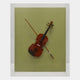 The Archetto Olive Violin Acrylic Framed 3D Wall Art by Giant Sculptures features a violin and bow mounted upright on a light green background in a clear acrylic case, creating modern minimalist wall decor.