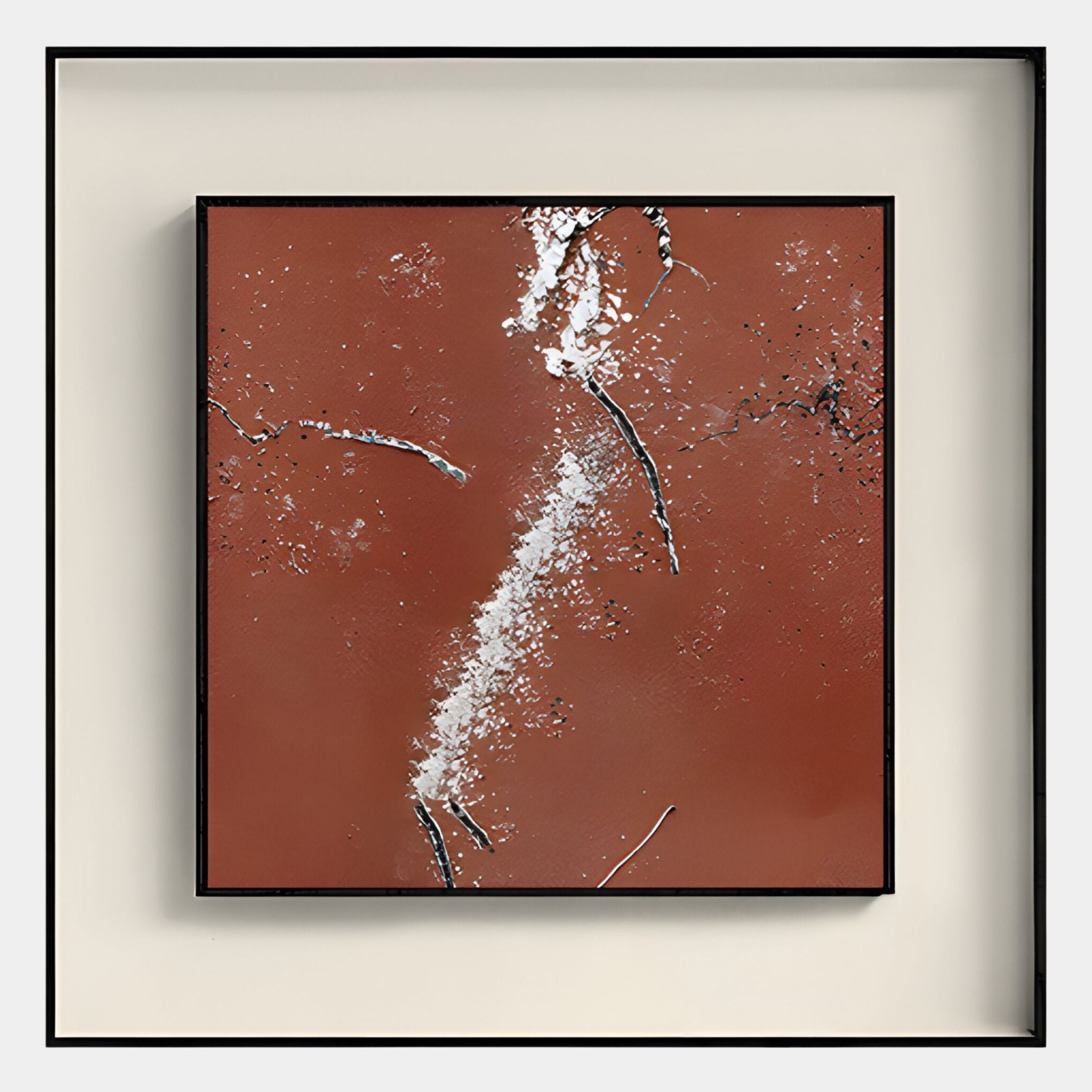 The Trevasse Copper Textured Abstract Framed Wall Art by Giant Sculptures features a square design with a reddish-brown background, diagonal white streak, scattered black lines, and comes in a matte black frame with a white border.